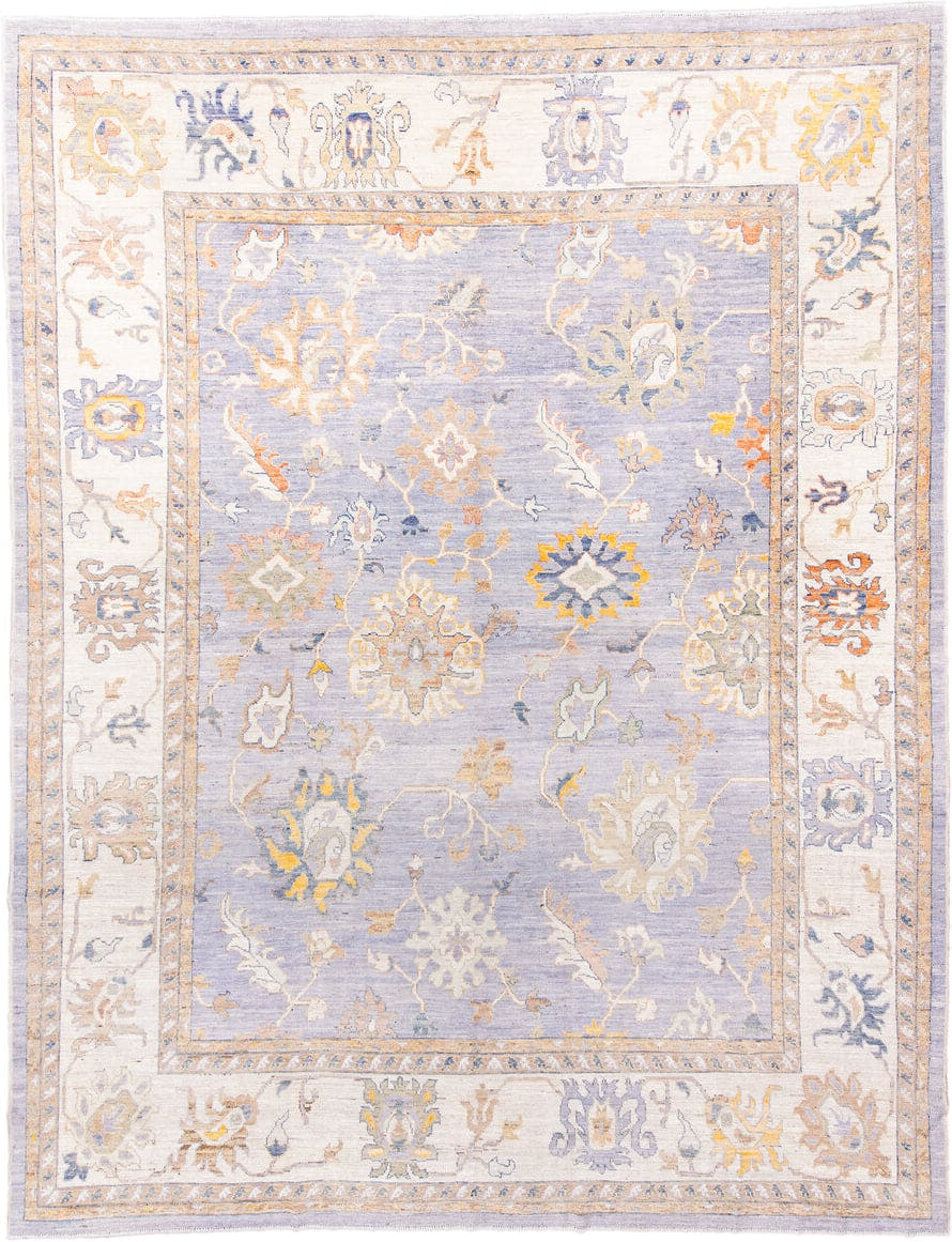 11' x 15' one-of-a-kind handmade vintage Oushak oversize rug. Color palette: lavender, ivory, pale gold, soft blue, taupe