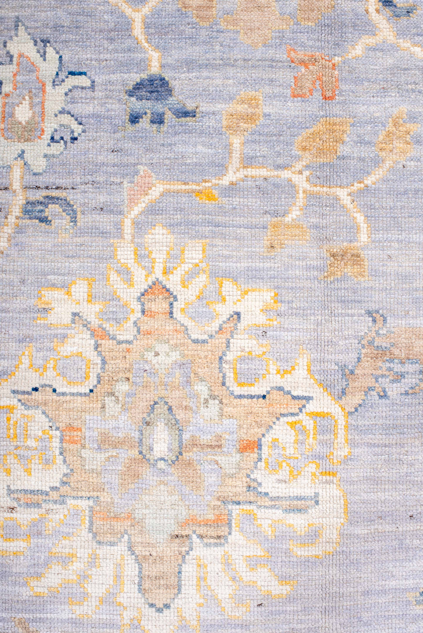 11' x 15' one-of-a-kind handmade vintage Oushak oversize rug. Color palette: lavender, ivory, pale gold, soft blue, taupe