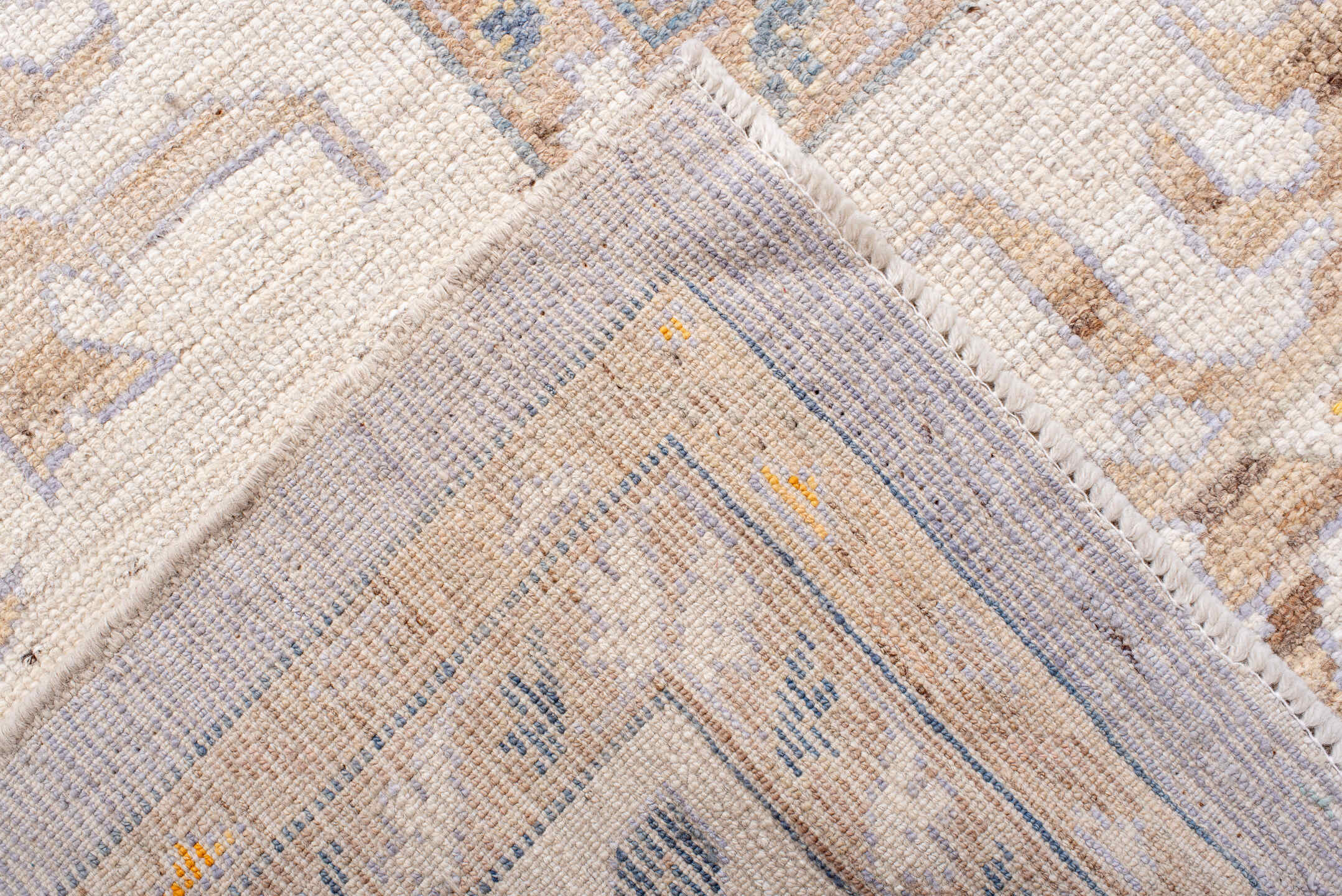 11' x 15' one-of-a-kind handmade vintage Oushak oversize rug. Color palette: lavender, ivory, pale gold, soft blue, taupe