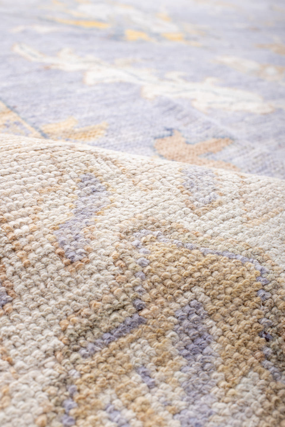 11' x 15' one-of-a-kind handmade vintage Oushak oversize rug. Color palette: lavender, ivory, pale gold, soft blue, taupe