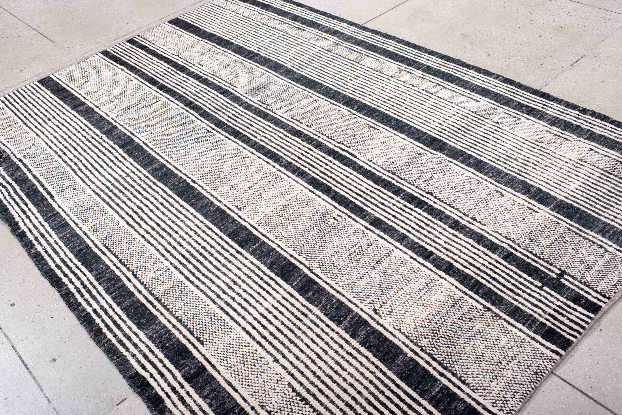 6' x 8' one-of-a-kind handmade vintage Tulu medium size rug. Color palette: black, blue, dark gray, dim gray, gainsboro