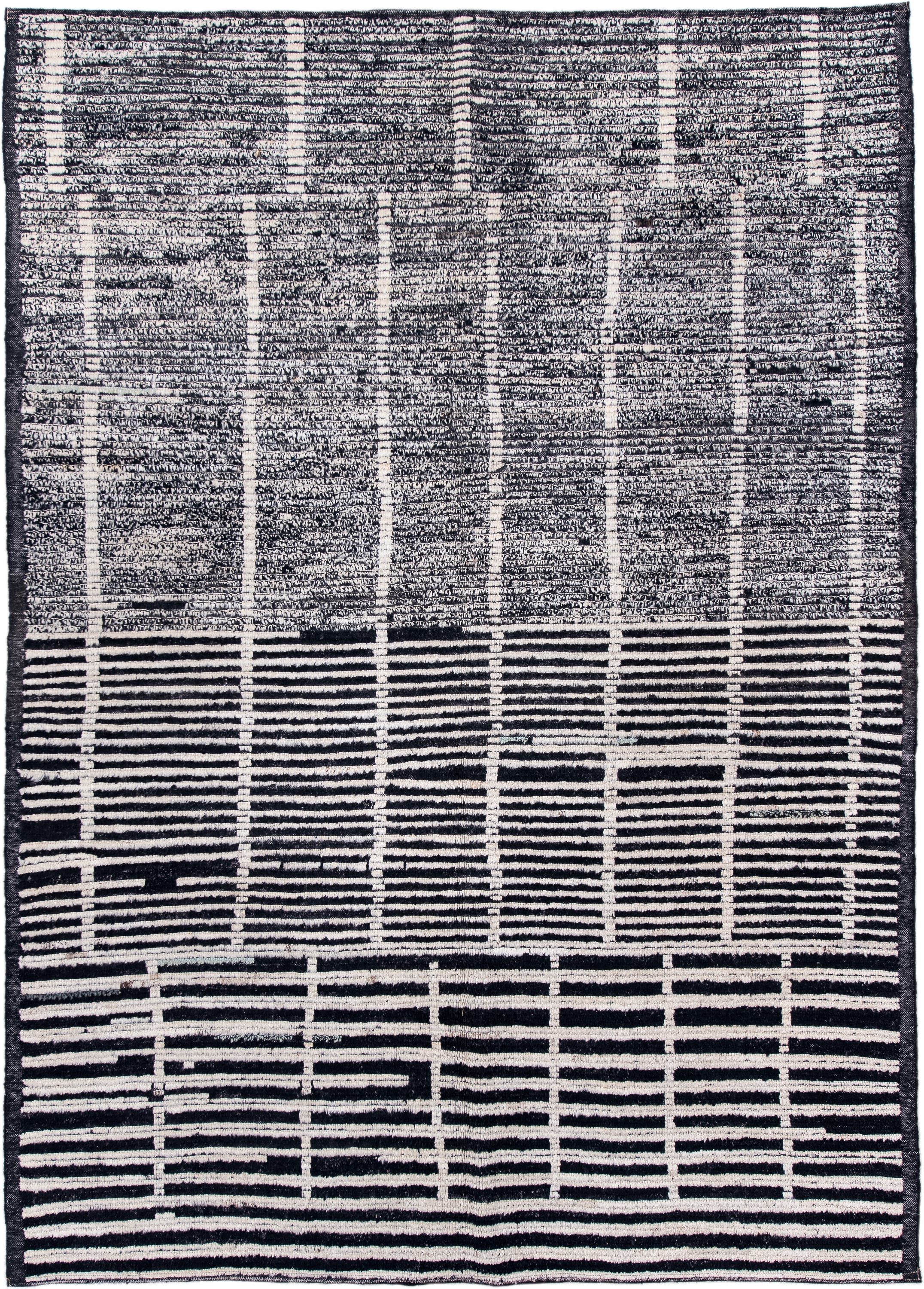 6' x 8' one-of-a-kind handmade vintage Tulu medium size rug. Color palette: ivory, charcoal, black, gray