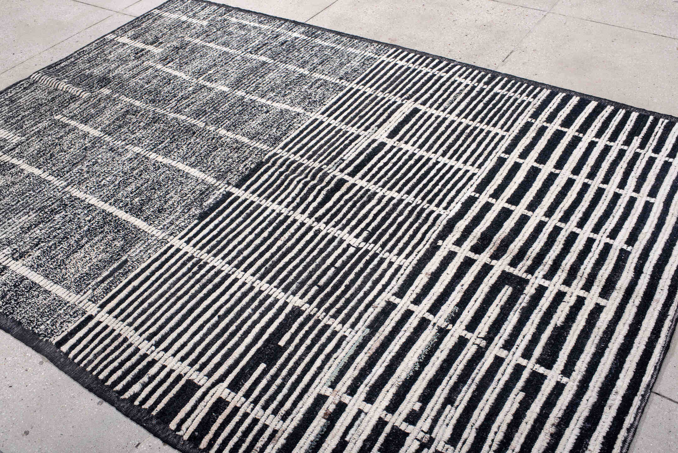 6' x 8' one-of-a-kind handmade vintage Tulu medium size rug. Color palette: black, blue, charcoal, dark gray, dim gray