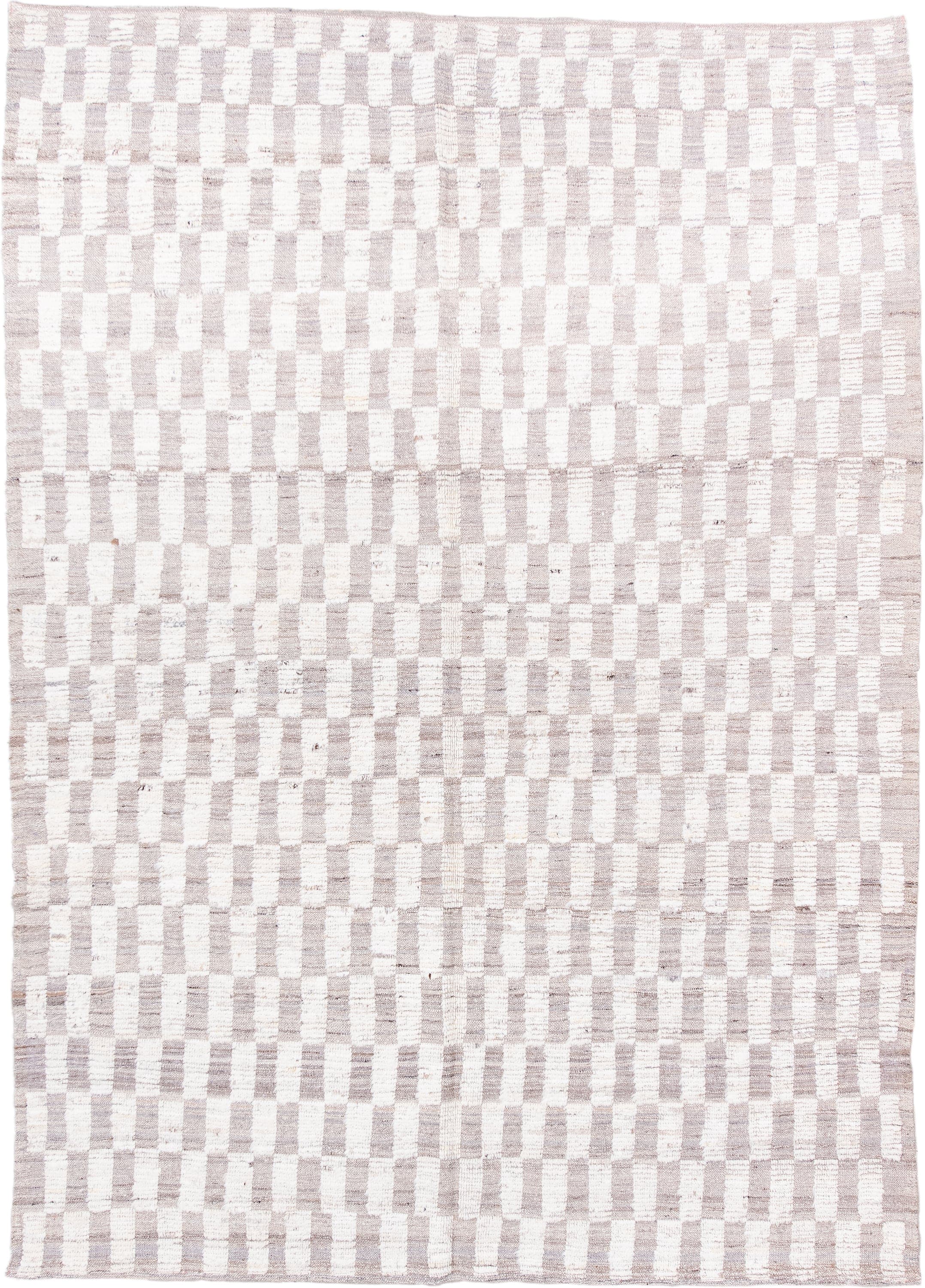 6' x 8' one-of-a-kind handmade vintage Tulu medium size rug. Color palette: ivory, taupe, cream, greige, beige, gray