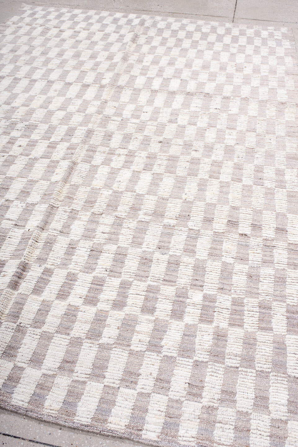 6' x 8' one-of-a-kind handmade vintage Tulu medium size rug. Color palette: ivory, taupe, cream, greige, beige, gray
