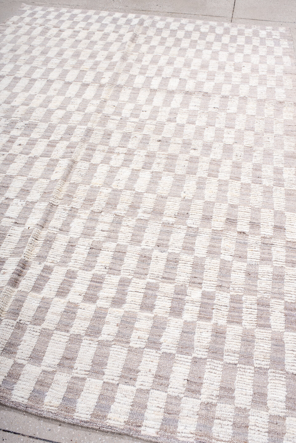 6' x 8' one-of-a-kind handmade vintage Tulu medium size rug. Color palette: ivory, taupe, cream, greige, beige, gray