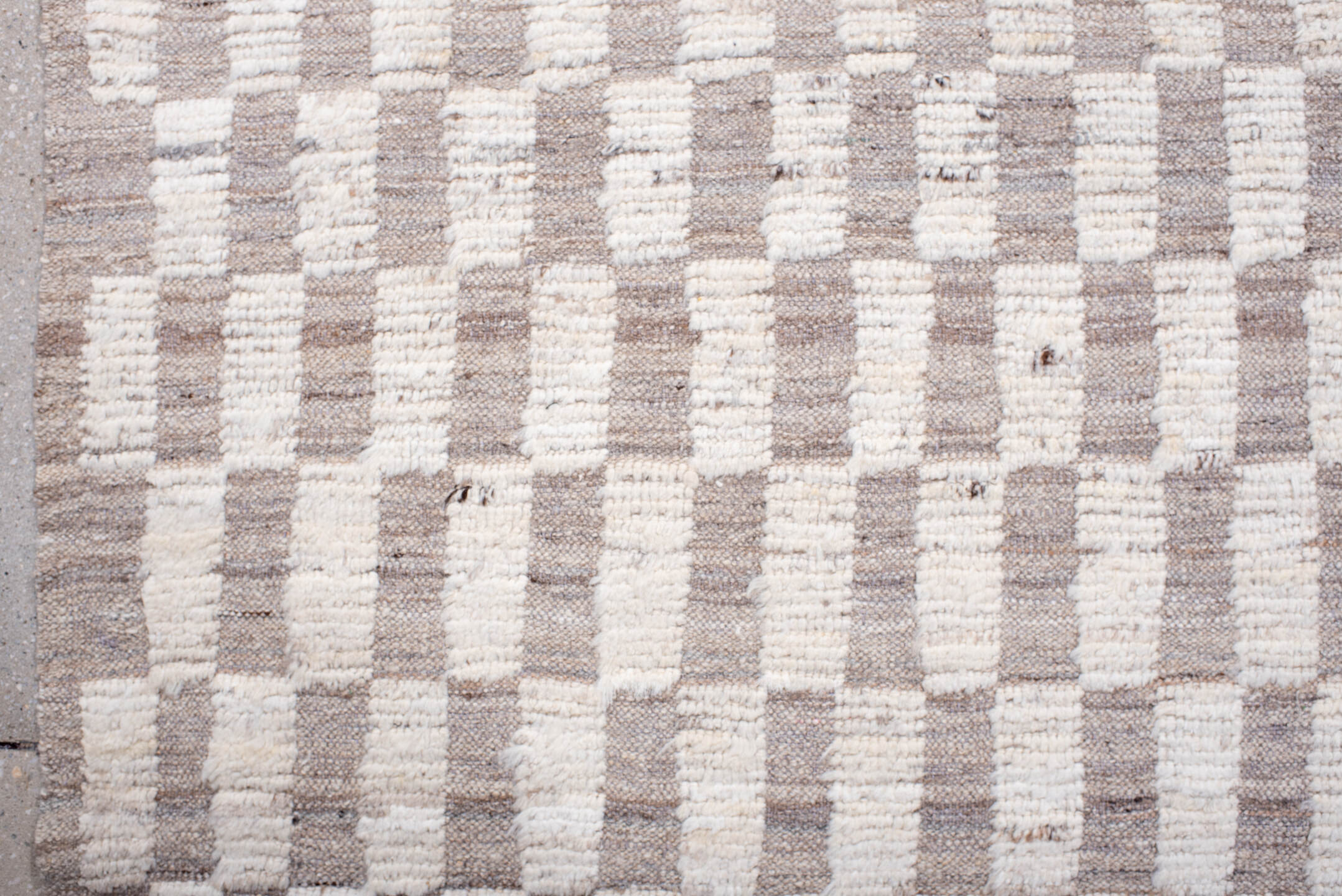 6' x 8' one-of-a-kind handmade vintage Tulu medium size rug. Color palette: ivory, taupe, cream, greige, beige, gray