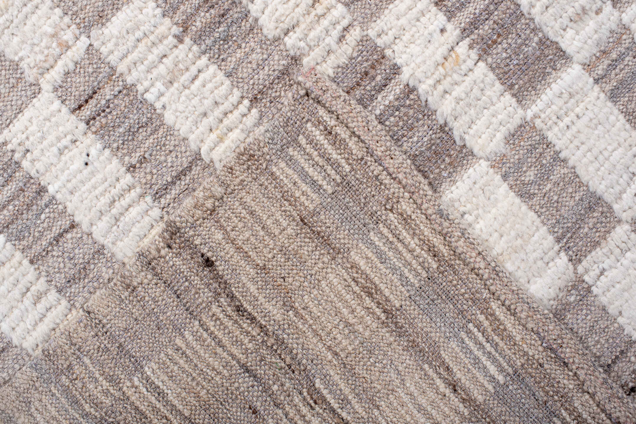6' x 8' one-of-a-kind handmade vintage Tulu medium size rug. Color palette: ivory, taupe, cream, greige, beige, gray