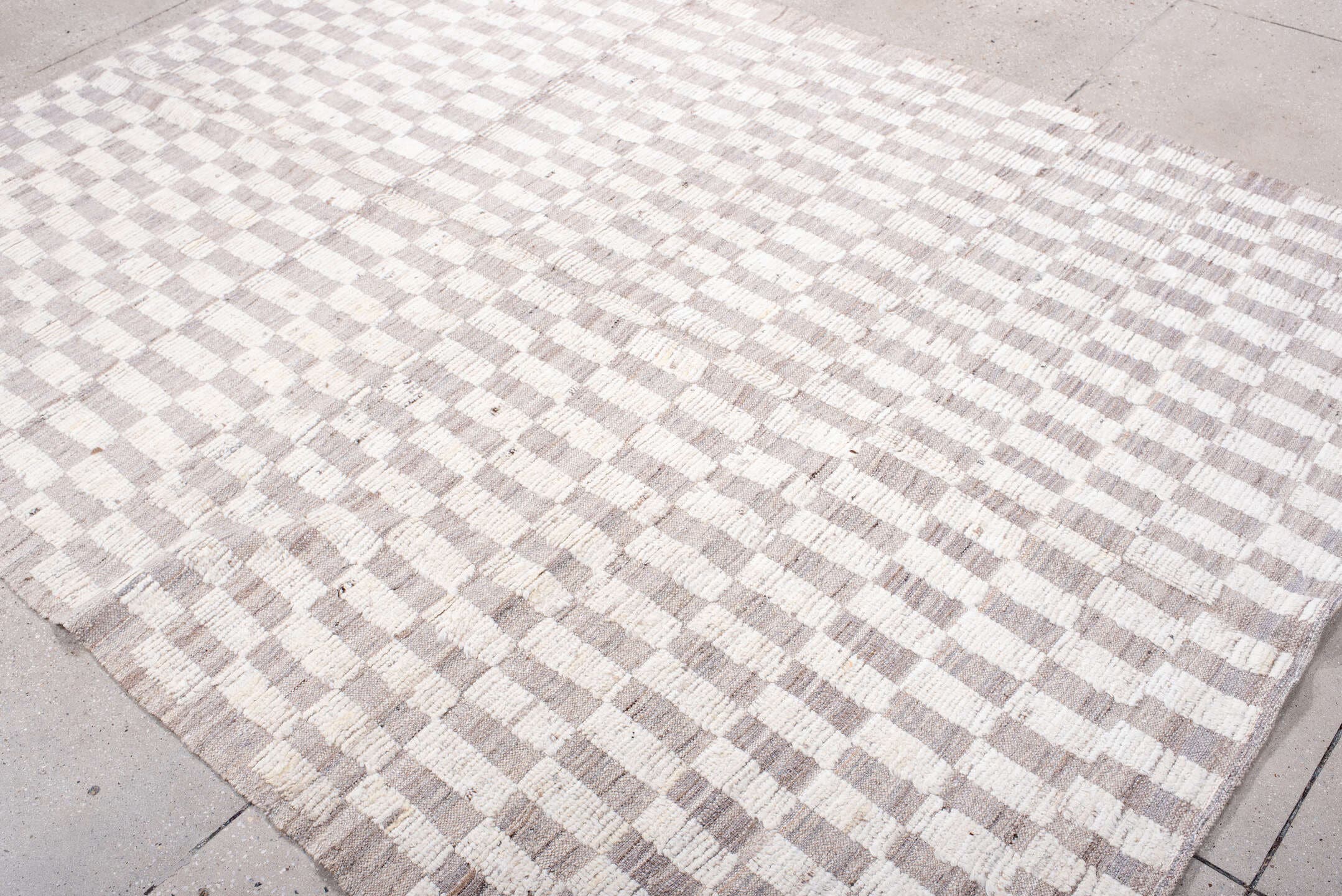 6' x 8' one-of-a-kind handmade vintage Tulu medium size rug. Color palette: ivory, taupe, cream, greige, beige, gray