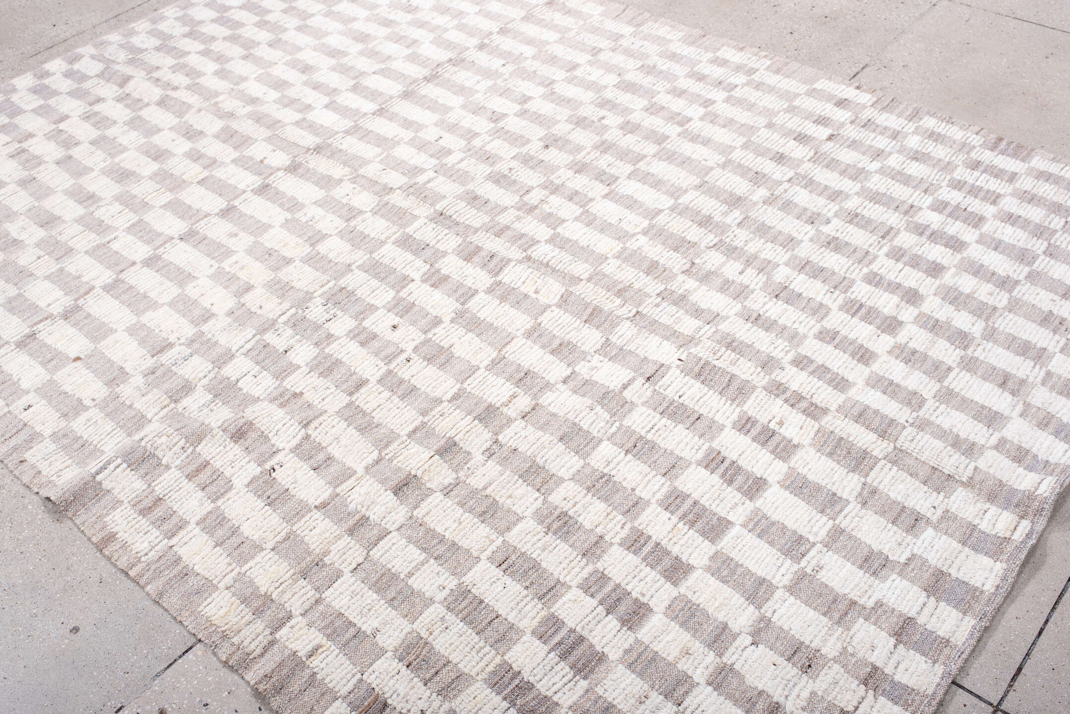 6' x 8' one-of-a-kind handmade vintage Tulu medium size rug. Color palette: ivory, taupe, cream, greige, beige, gray