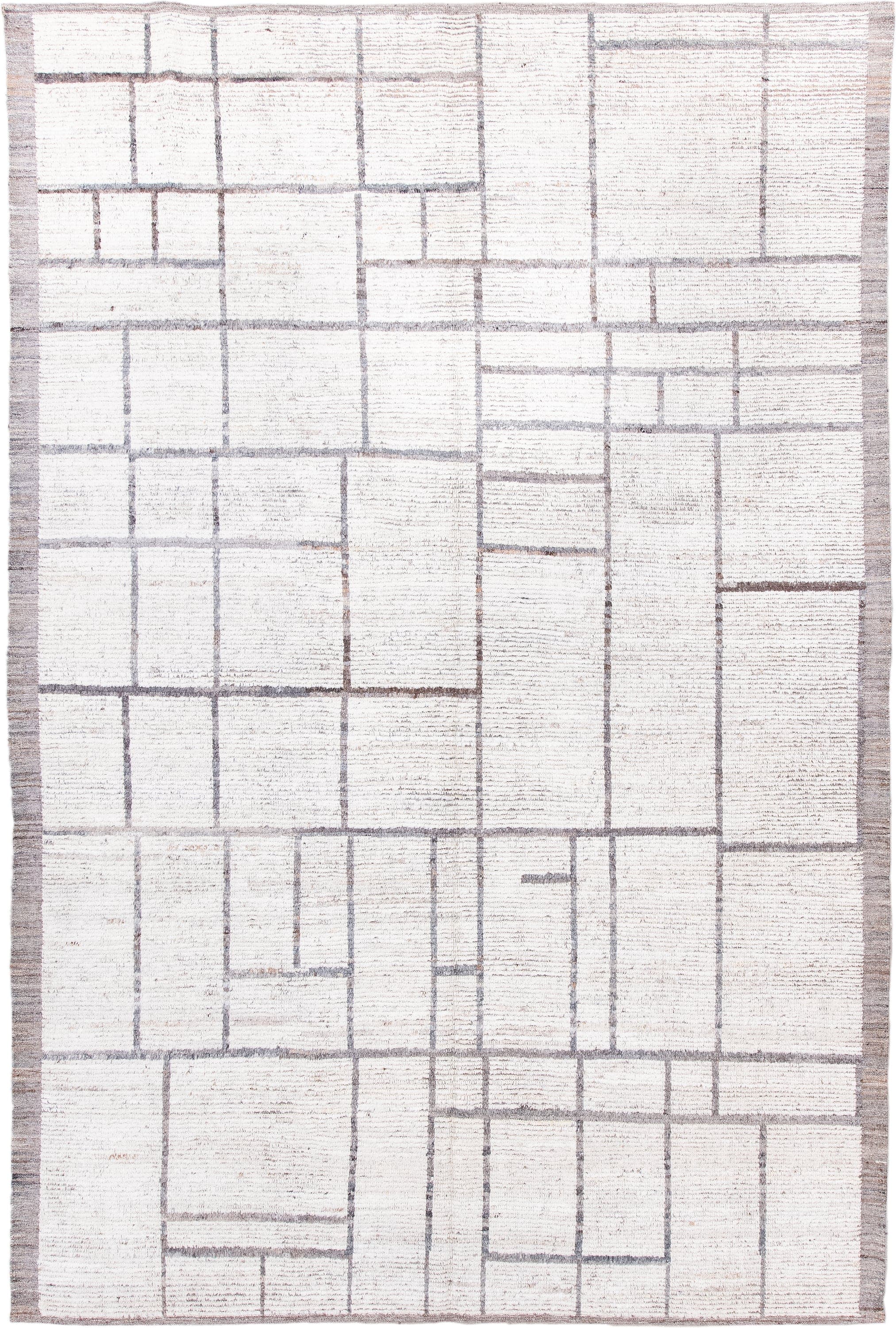 6' x 9' one-of-a-kind handmade vintage Tulu medium size rug. Color palette: ivory, taupe, gray, cream, beige