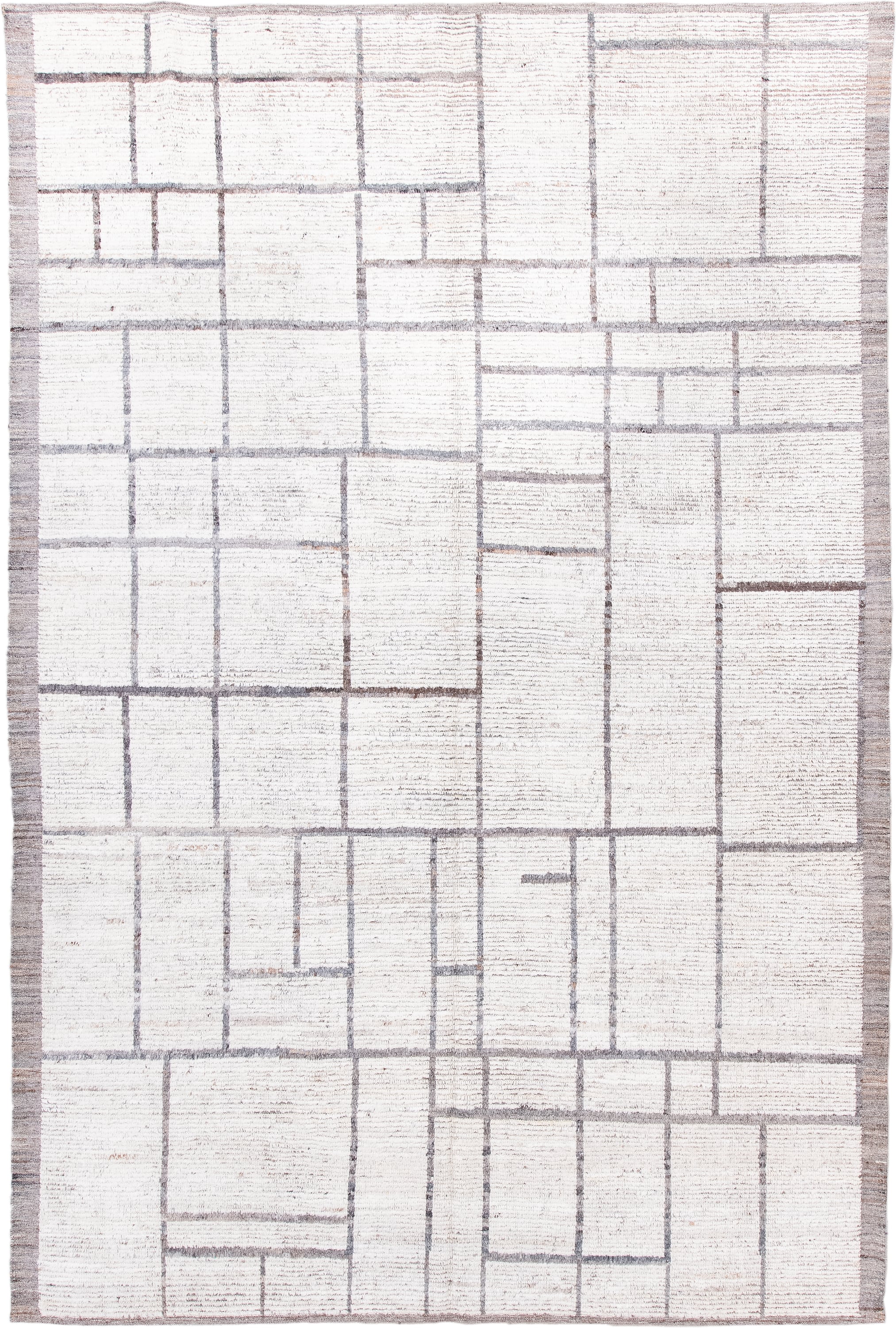 6' x 9' one-of-a-kind handmade vintage Tulu medium size rug. Color palette: ivory, taupe, gray, cream, beige