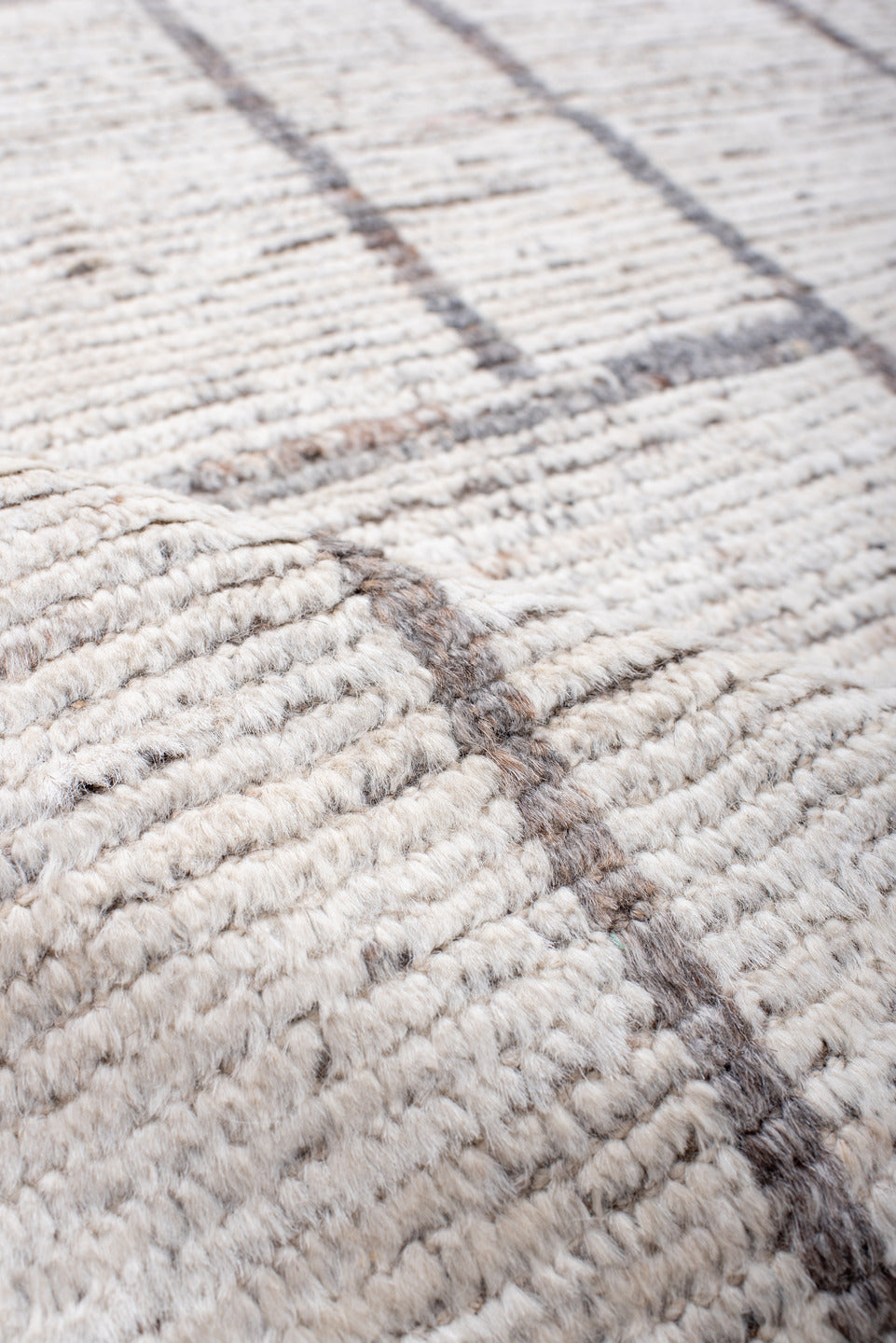 6' x 9' one-of-a-kind handmade vintage Tulu medium size rug. Color palette: ivory, taupe, gray, cream, beige