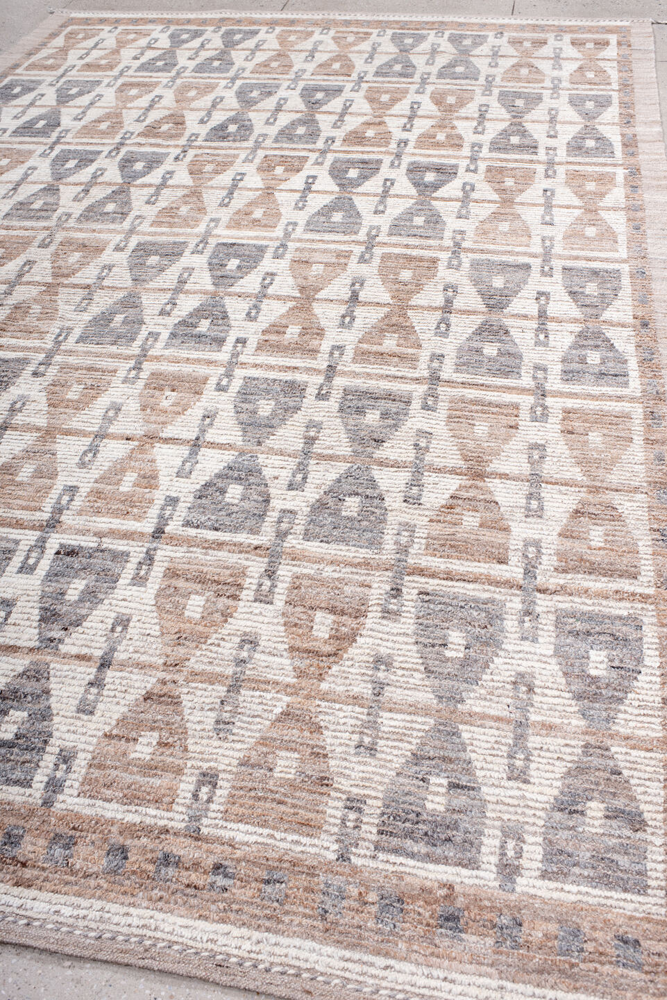 8' x 11' one-of-a-kind handmade vintage Tulu large size rug. Color palette: ivory, taupe, gray, beige, camel