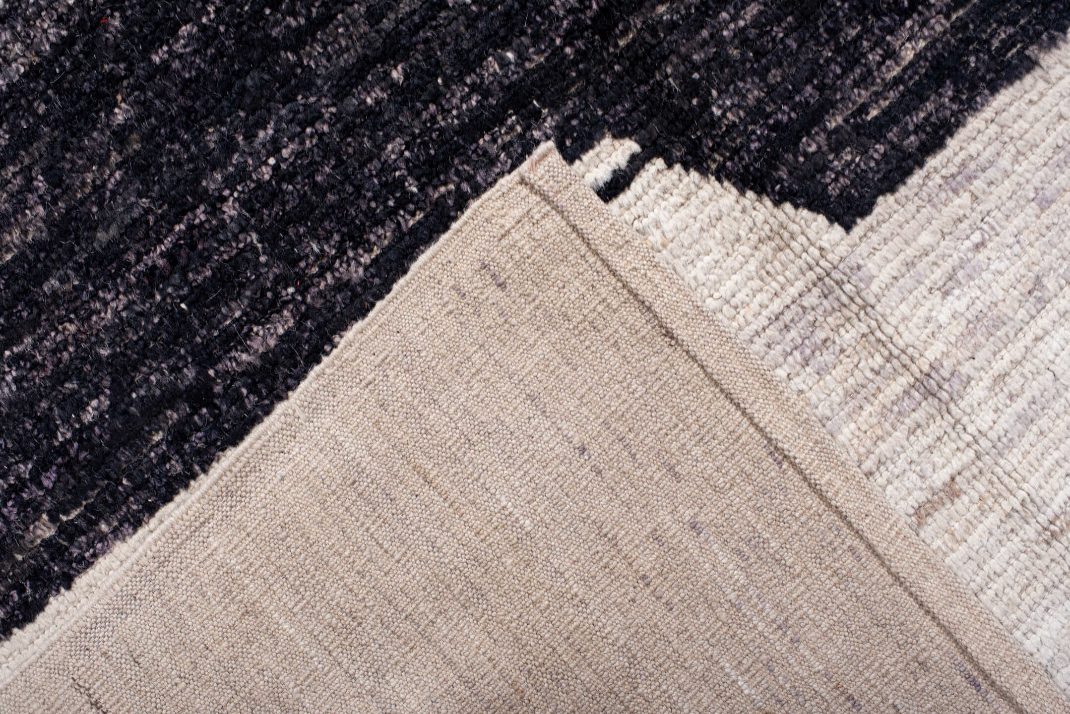 9' x 13' one-of-a-kind handmade vintage Tulu large size rug. Color palette: ivory, charcoal, lavender, pale_gold, peach
