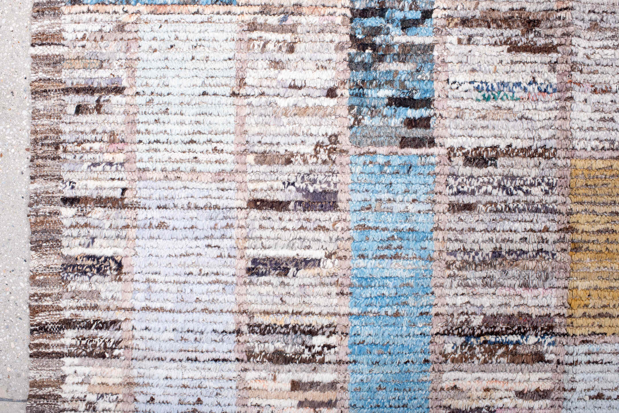 10' x 13' one-of-a-kind handmade vintage Tulu large size rug. Color palette: blue, brown, gray, lavender blush, light blue