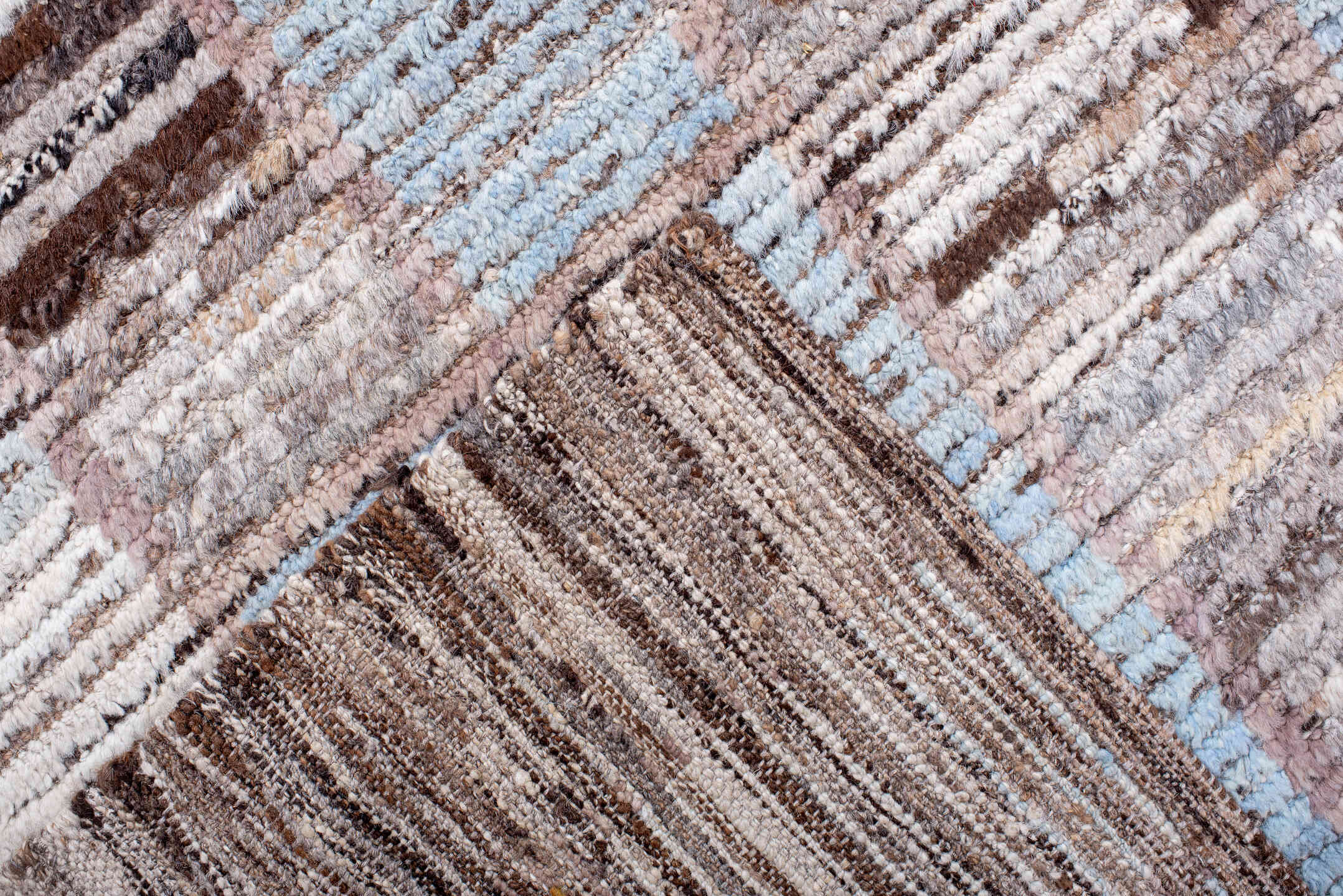 10' x 13' one-of-a-kind handmade vintage Tulu large size rug. Color palette: blue, brown, gray, lavender blush, light blue