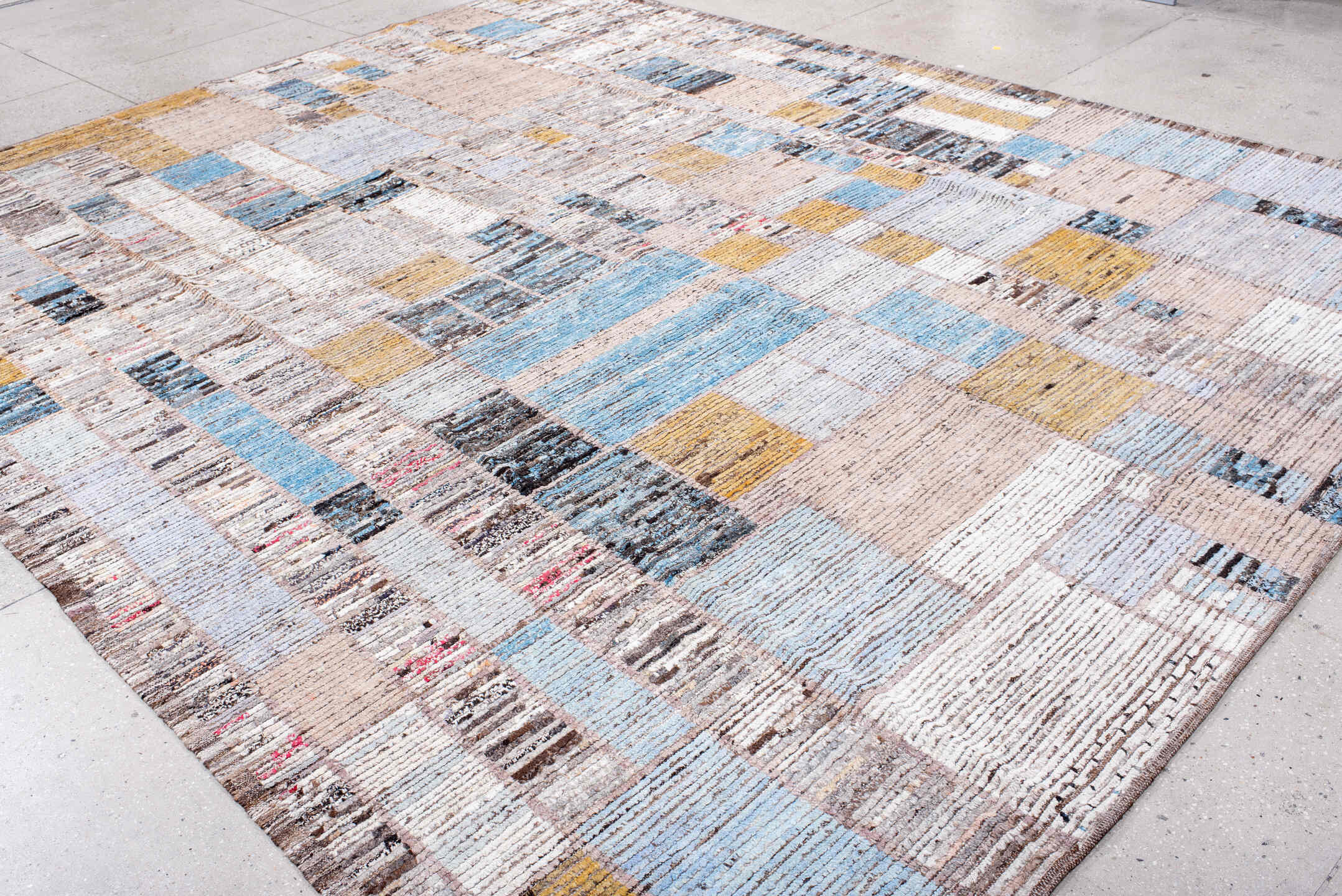 10' x 13' one-of-a-kind handmade vintage Tulu large size rug. Color palette: blue, brown, gray, lavender blush, light blue