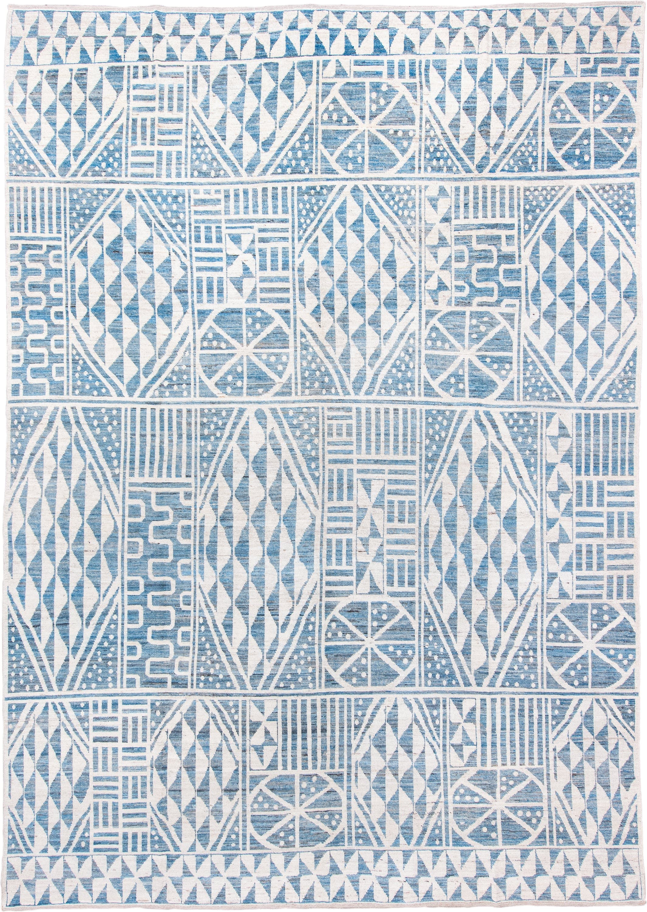 10' x 14' one-of-a-kind handmade vintage Tulu large size rug. Color palette: ivory, sky blue, powder blue, light blue