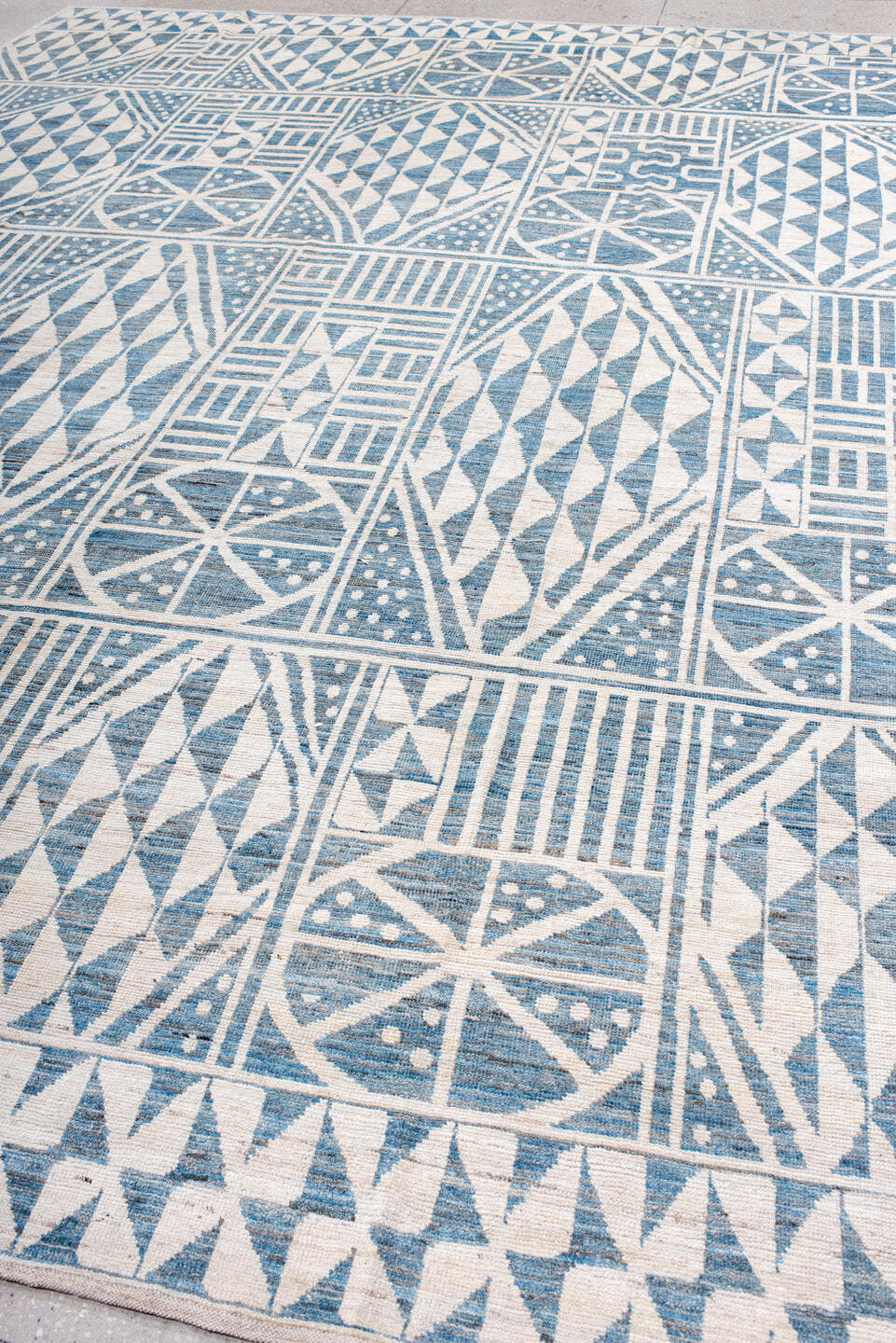 10' x 14' one-of-a-kind handmade vintage Tulu large size rug. Color palette: ivory, sky blue, powder blue, light blue