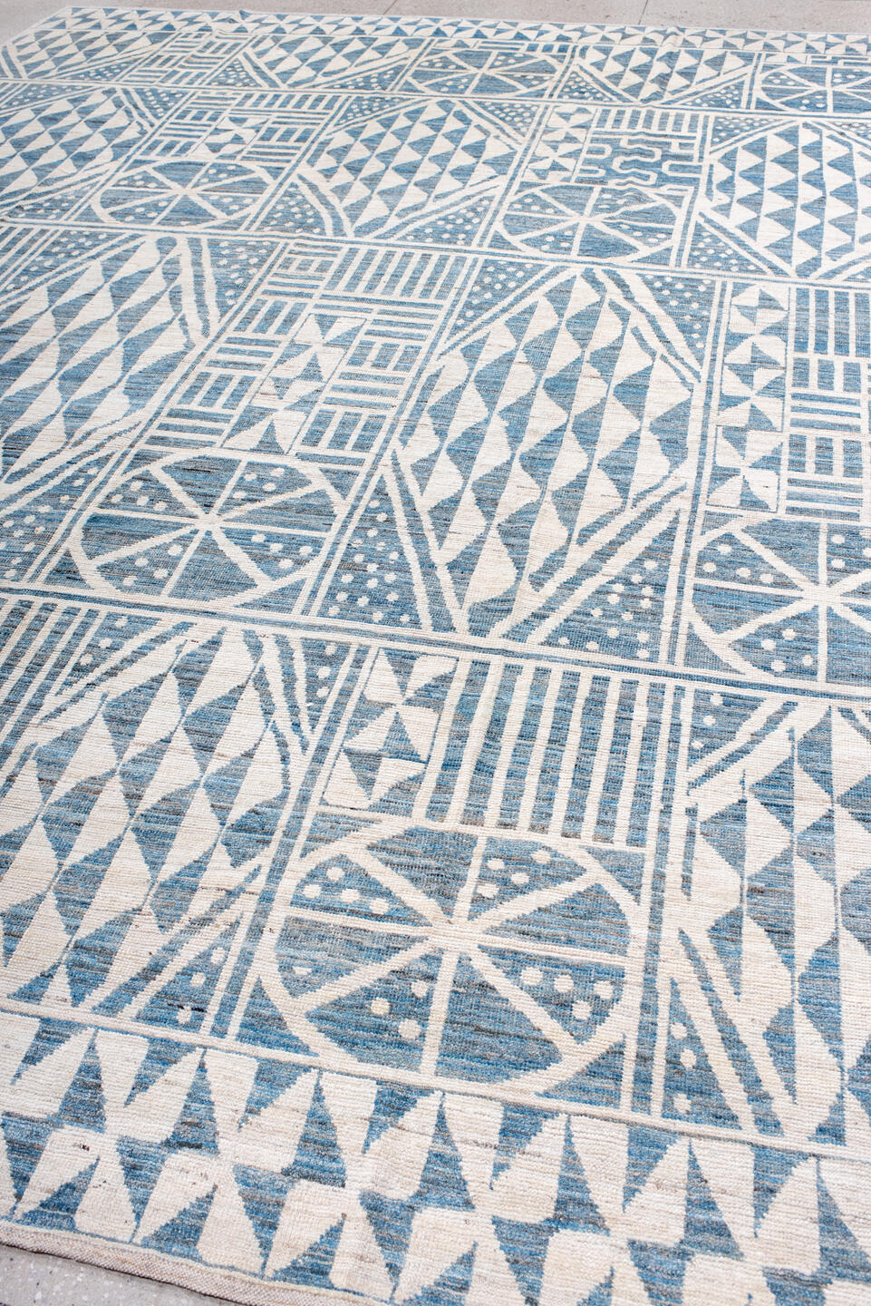 10' x 14' one-of-a-kind handmade vintage Tulu large size rug. Color palette: ivory, sky blue, powder blue, light blue