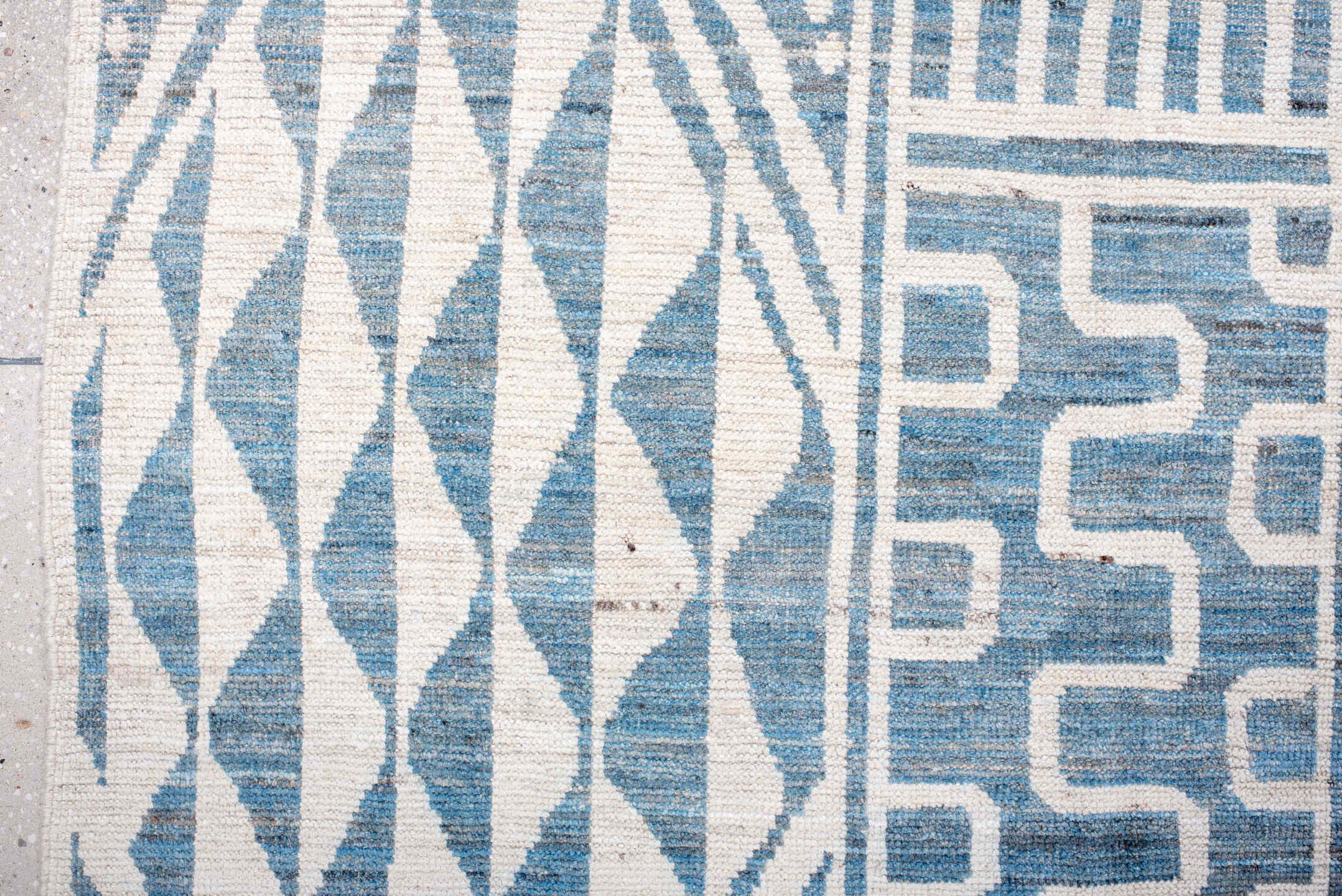 10' x 14' one-of-a-kind handmade vintage Tulu large size rug. Color palette: ivory, sky blue, powder blue, light blue