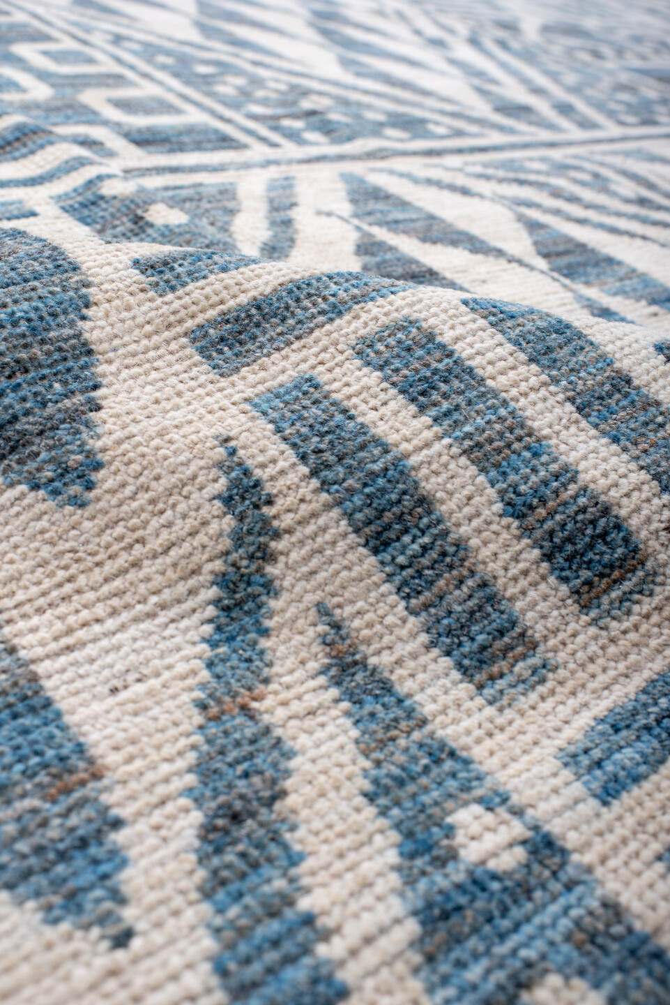 10' x 14' one-of-a-kind handmade vintage Tulu large size rug. Color palette: ivory, sky blue, powder blue, light blue