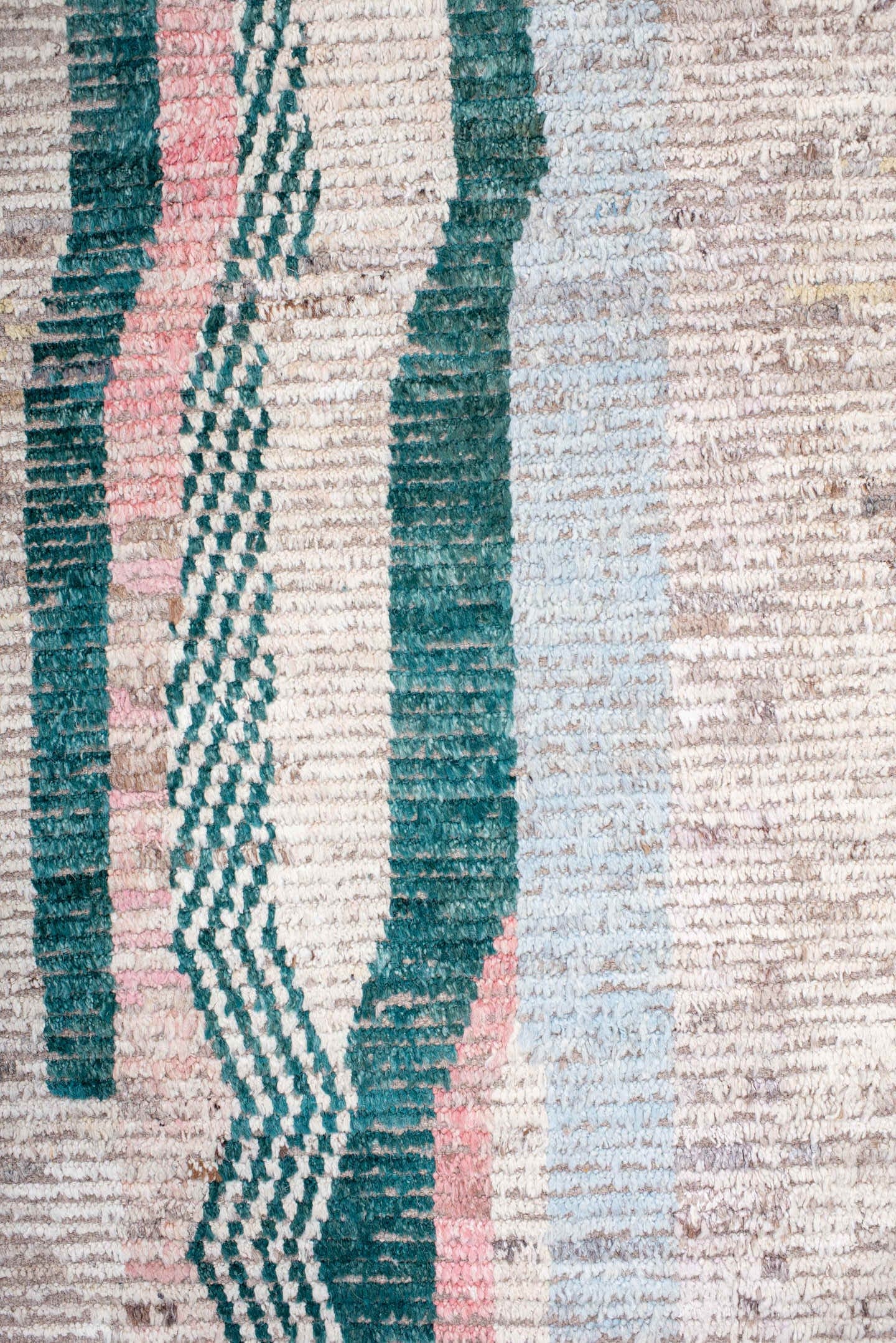 10' x 13' one-of-a-kind handmade vintage Tulu large size rug. Color palette: ivory, teal, blush, lavender, sky blue, taupe