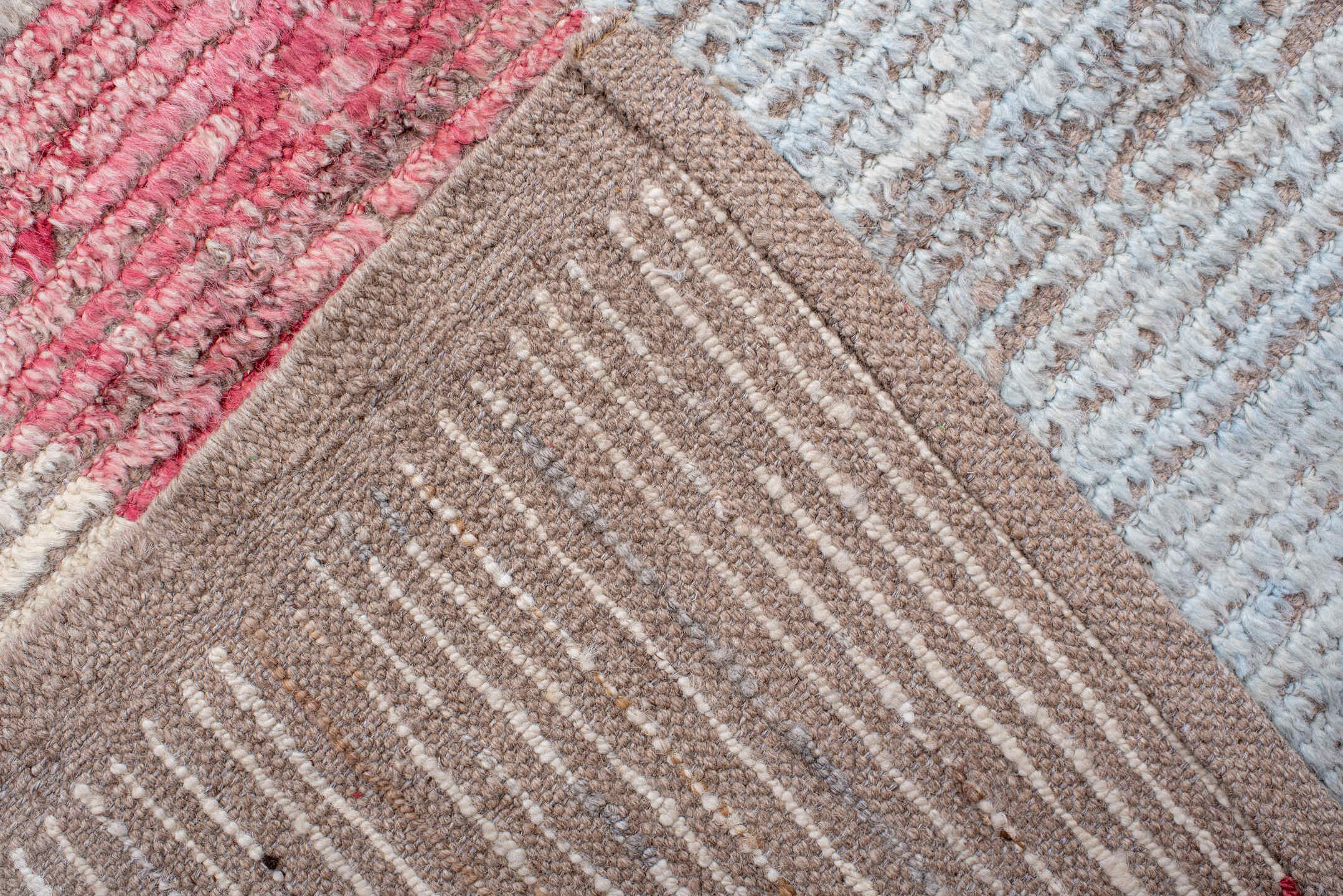 10' x 13' one-of-a-kind handmade vintage Tulu large size rug. Color palette: ivory, teal, blush, lavender, sky blue, taupe
