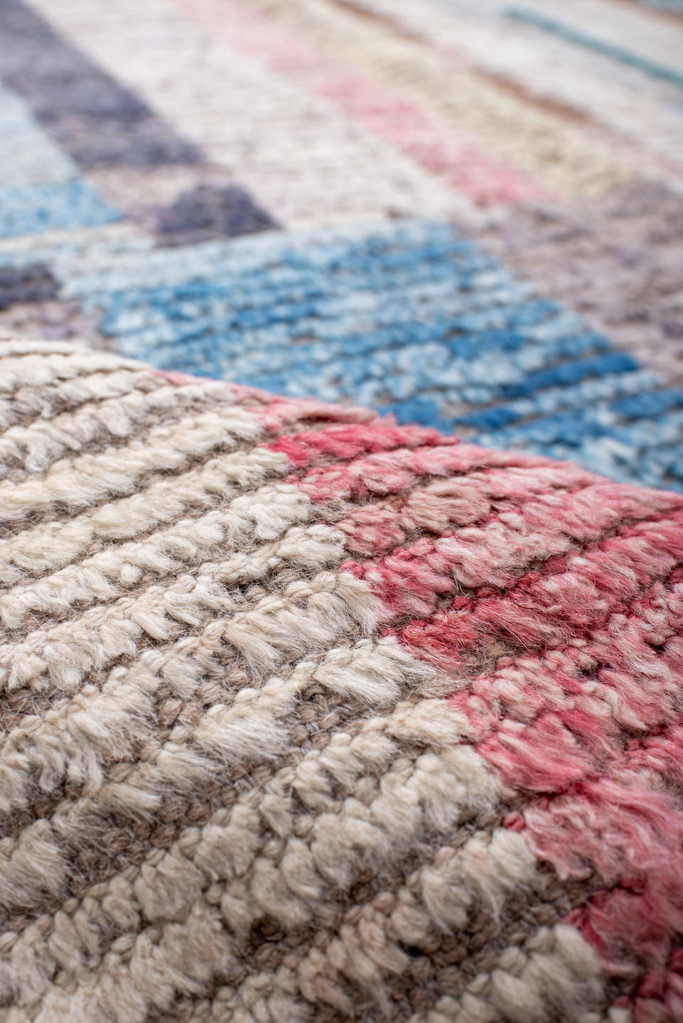 10' x 13' one-of-a-kind handmade vintage Tulu large size rug. Color palette: ivory, teal, blush, lavender, sky blue, taupe