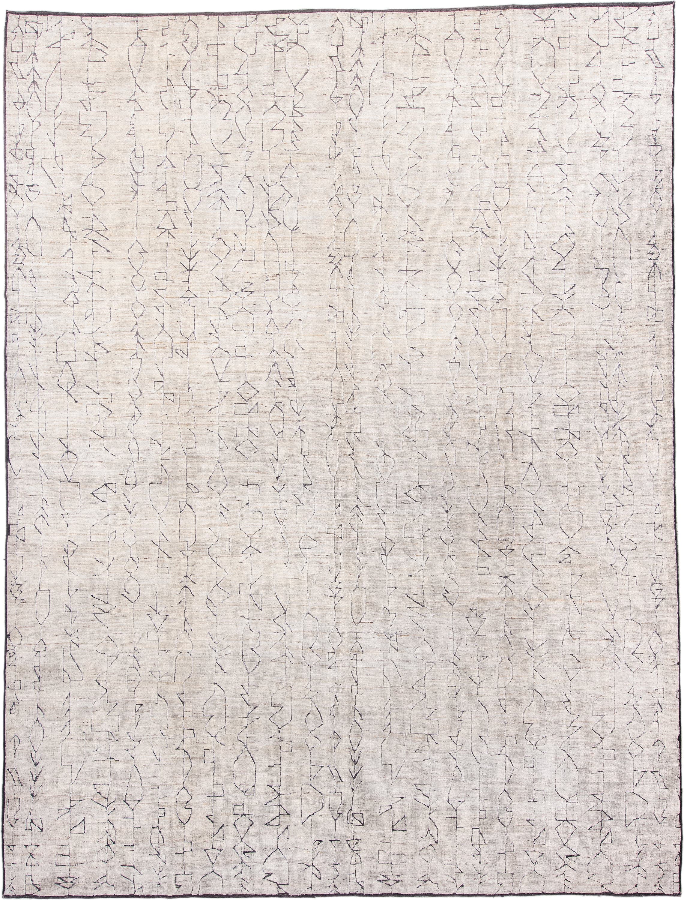10' x 13' one-of-a-kind handmade vintage Tulu large size rug. Color palette: ivory, cream, charcoal, taupe, gray, black
