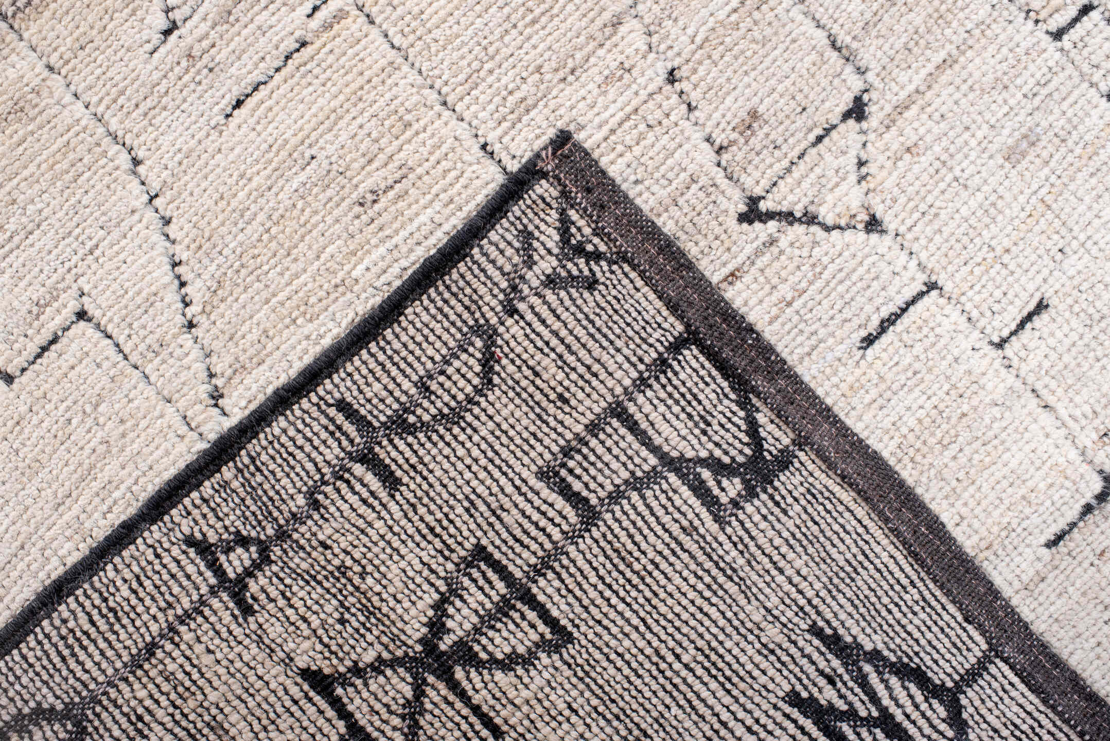 10' x 13' one-of-a-kind handmade vintage Tulu large size rug. Color palette: ivory, cream, charcoal, taupe, gray, black