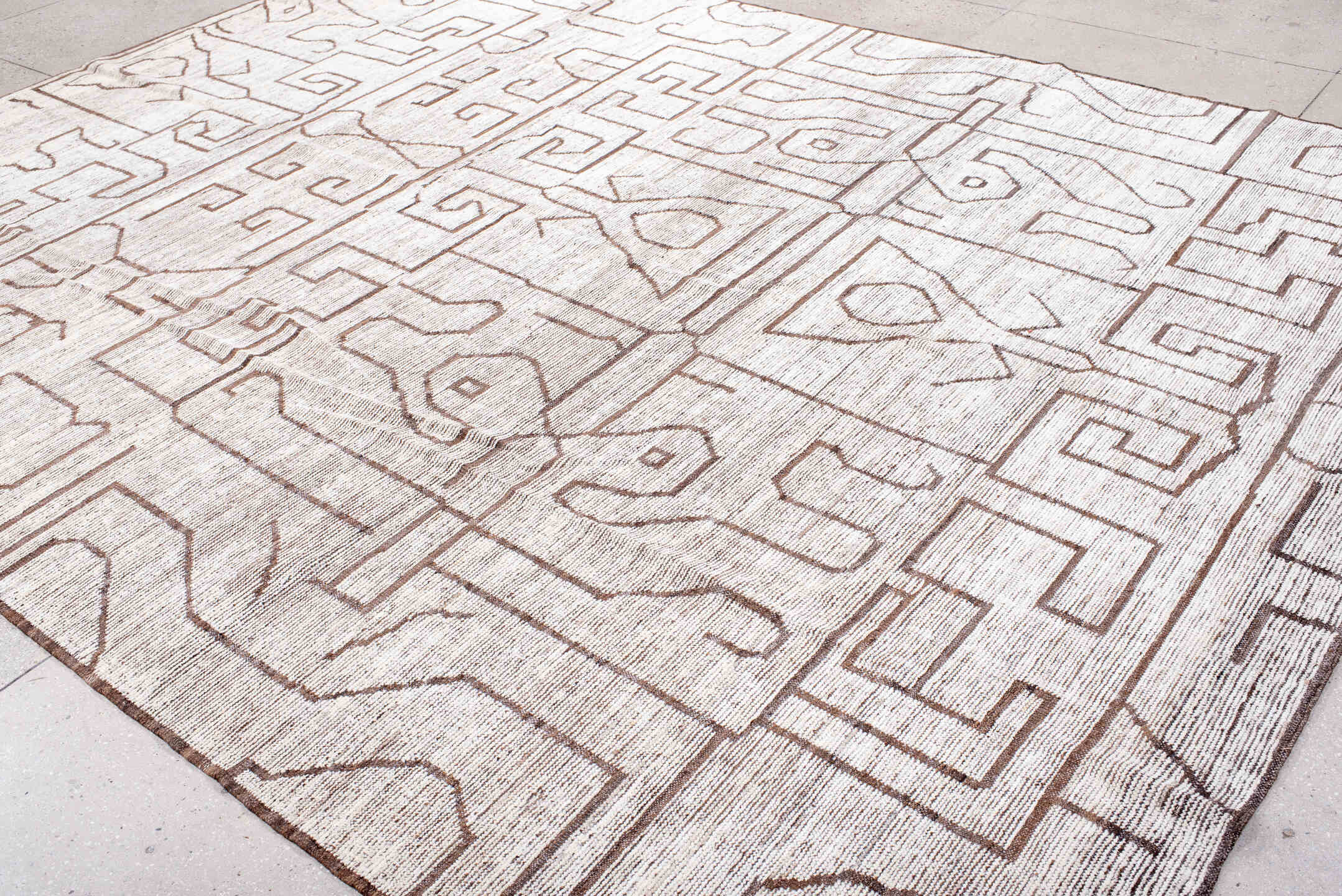 9' x 12' one-of-a-kind handmade vintage Tulu large size rug. Color palette: brown, dark gray, dim gray, gainsboro, gray