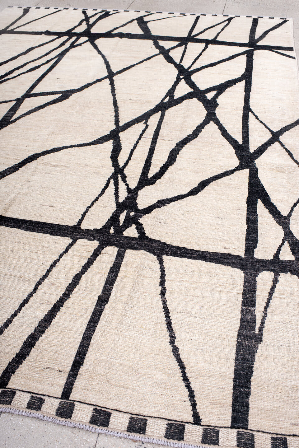9' x 12' one-of-a-kind handmade vintage Tulu large size rug. Color palette: ivory, charcoal, black, gray