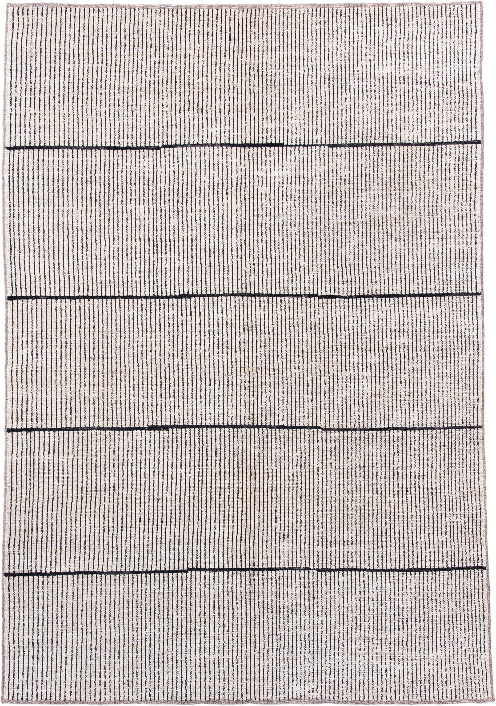 6' x 9' one-of-a-kind handmade vintage Tulu medium size rug. Color palette: ivory, charcoal, taupe, gray, black, beige