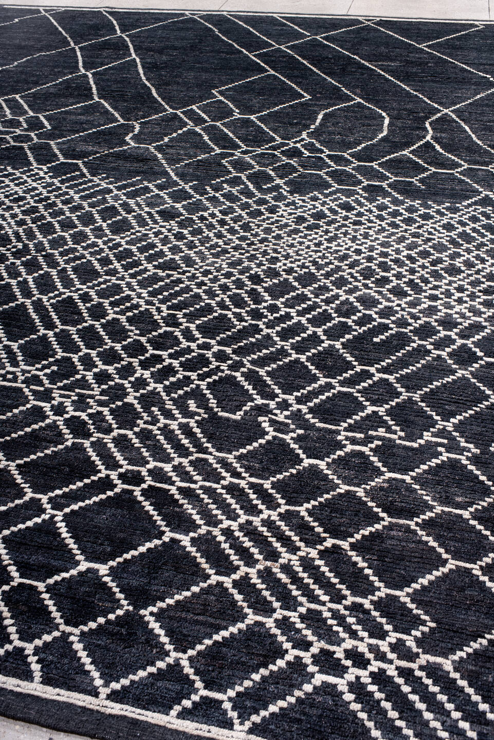 12' x 15' one-of-a-kind handmade vintage Tulu oversize rug. Color palette: black, blue, charcoal, dark gray, dim gray, gray