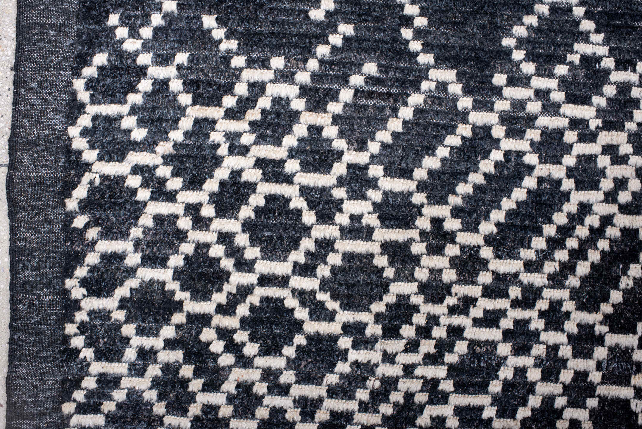12' x 15' one-of-a-kind handmade vintage Tulu oversize rug. Color palette: black, blue, charcoal, dark gray, dim gray, gray