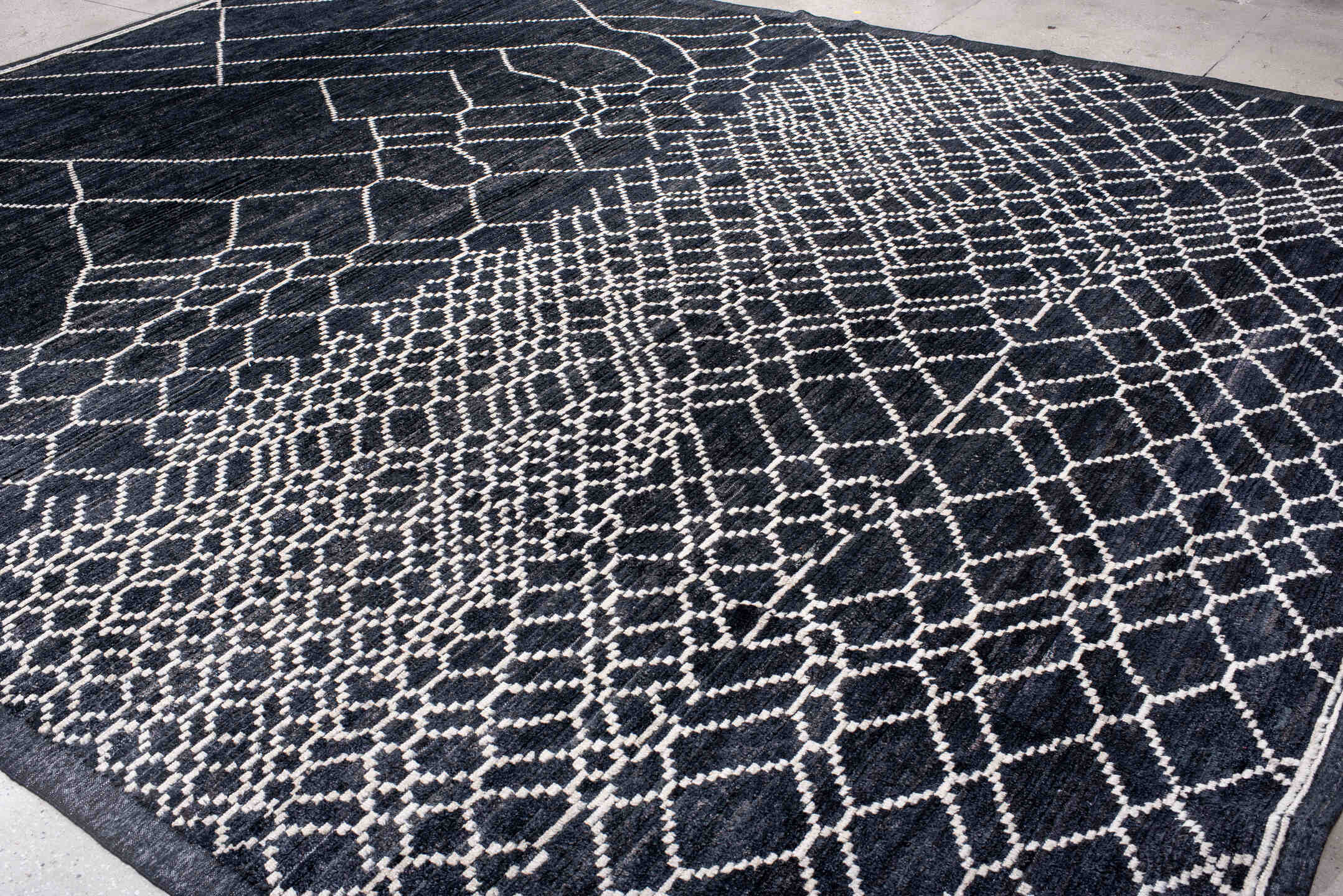 12' x 15' one-of-a-kind handmade vintage Tulu oversize rug. Color palette: black, blue, charcoal, dark gray, dim gray, gray