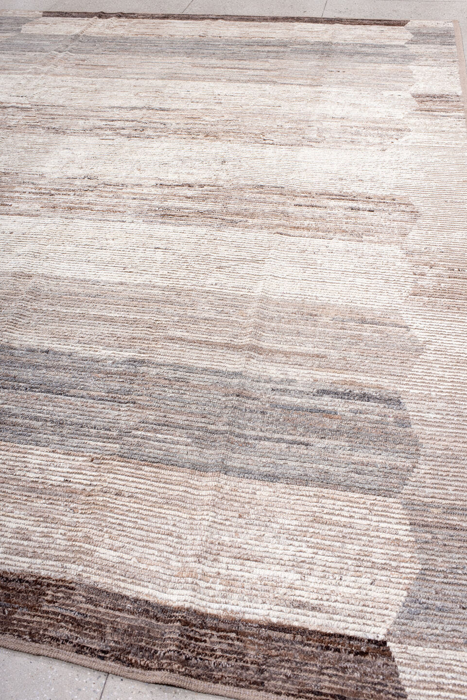 10' x 13' one-of-a-kind handmade vintage Tulu large size rug. Color palette: ivory, taupe, camel, gray, brown, beige