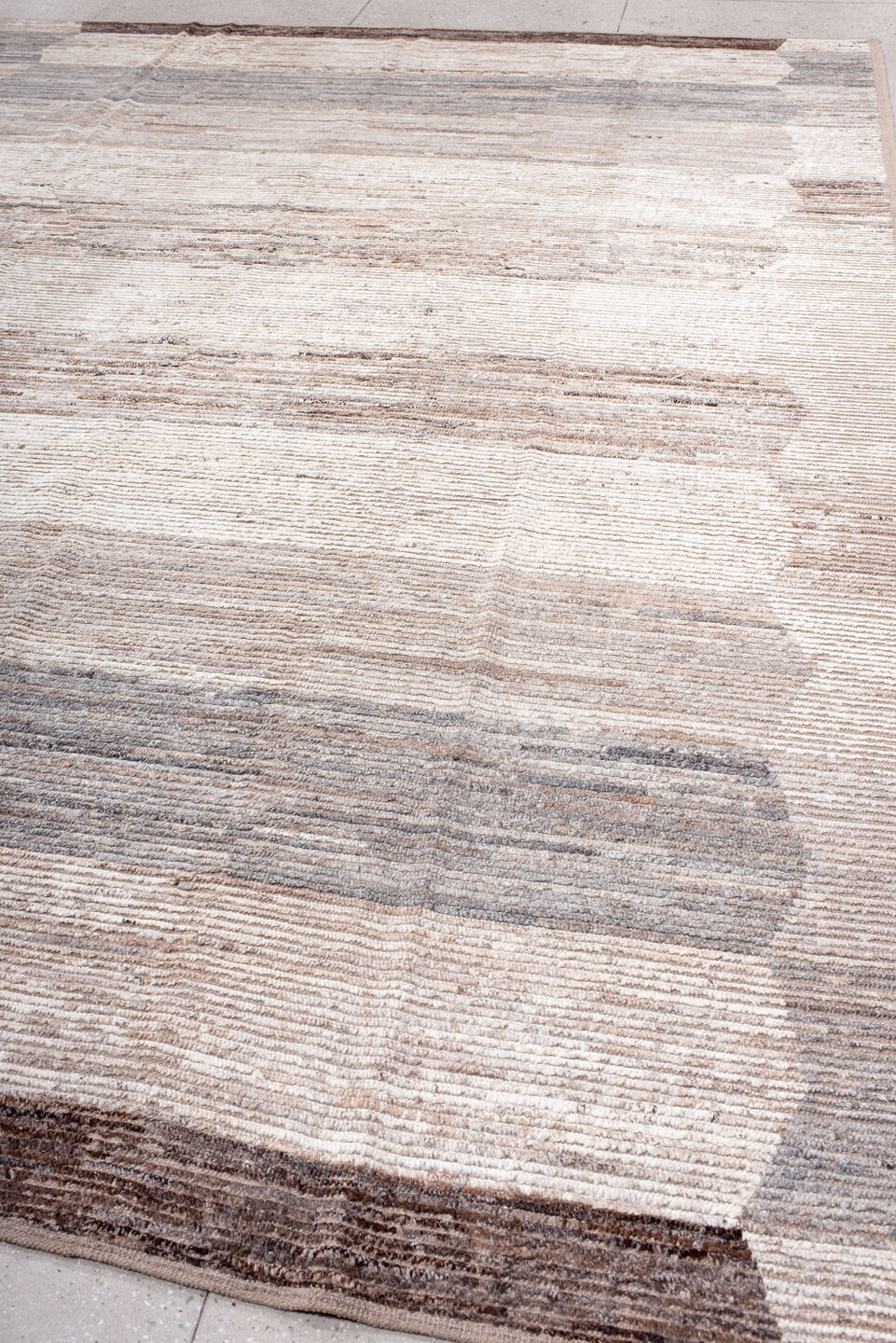 10' x 13' one-of-a-kind handmade vintage Tulu large size rug. Color palette: ivory, taupe, camel, gray, brown, beige