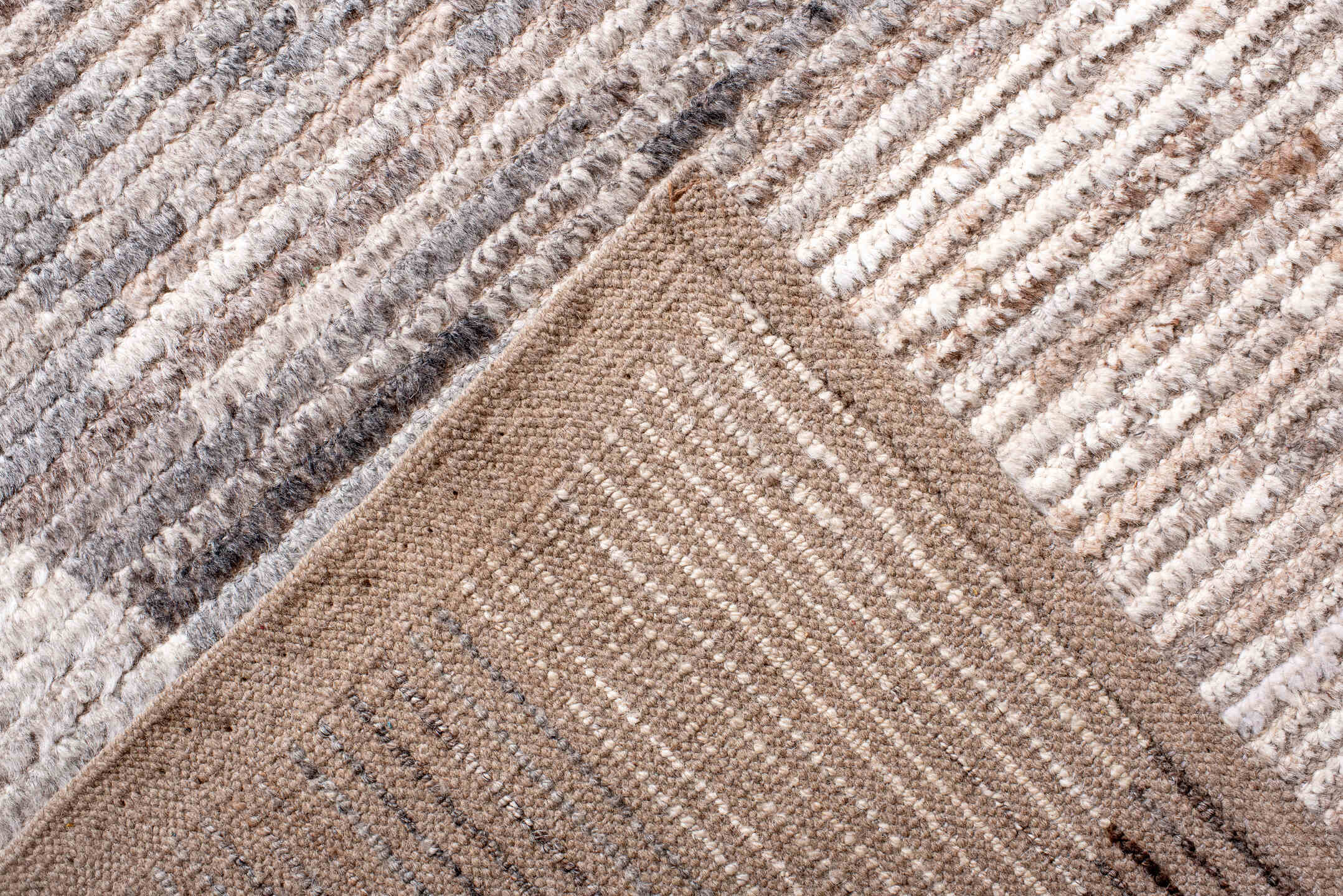 10' x 13' one-of-a-kind handmade vintage Tulu large size rug. Color palette: ivory, taupe, camel, gray, brown, beige