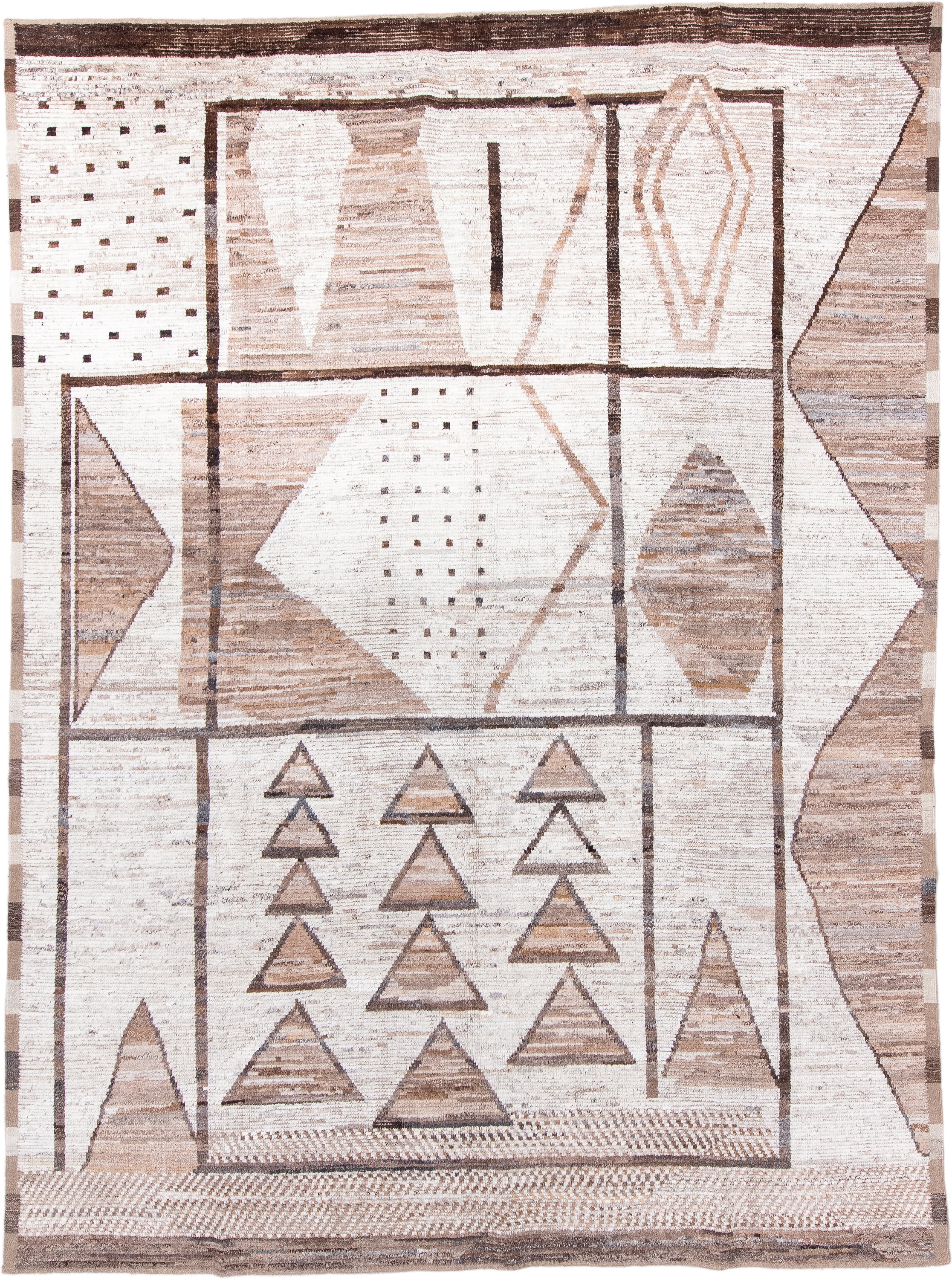 8' x 11' one-of-a-kind handmade vintage Tulu large size rug. Color palette: ivory, taupe, camel, brown, beige, gray