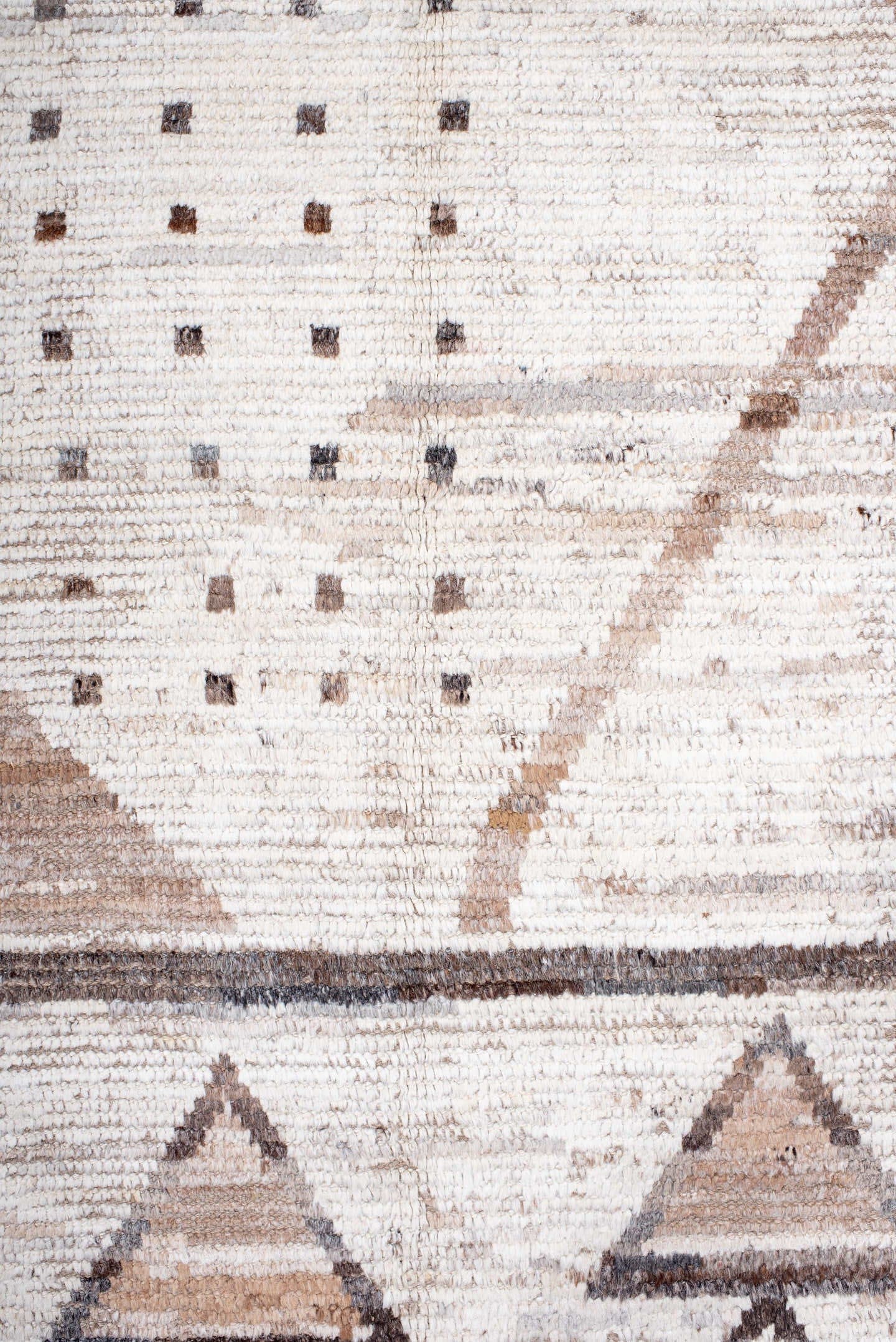 8' x 11' one-of-a-kind handmade vintage Tulu large size rug. Color palette: ivory, taupe, camel, brown, beige, gray