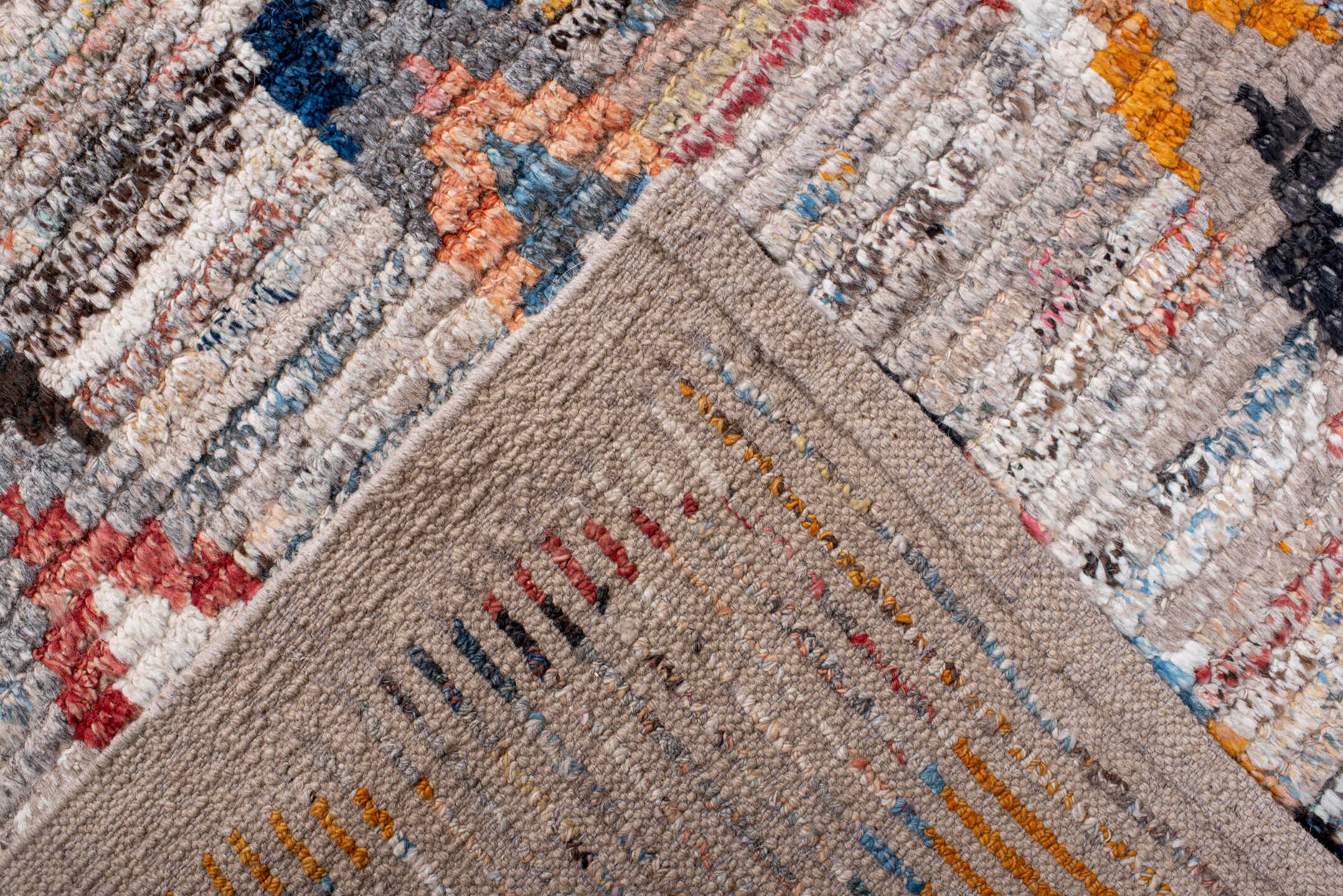 9' x 12' one-of-a-kind handmade vintage Tulu large size rug. Color palette: ivory, sky_blue, charcoal, taupe, rust, gold