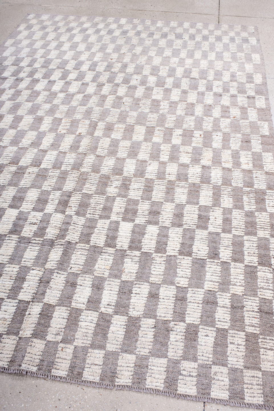6' x 9' one-of-a-kind handmade vintage Tulu medium size rug. Color palette: ivory, taupe, light gray, beige, gray
