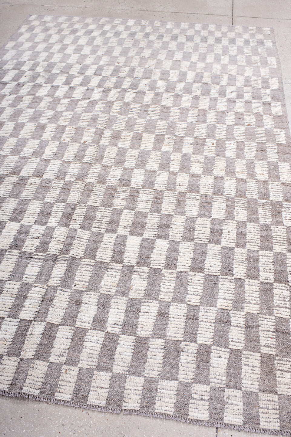 6' x 9' one-of-a-kind handmade vintage Tulu medium size rug. Color palette: ivory, taupe, light gray, beige, gray