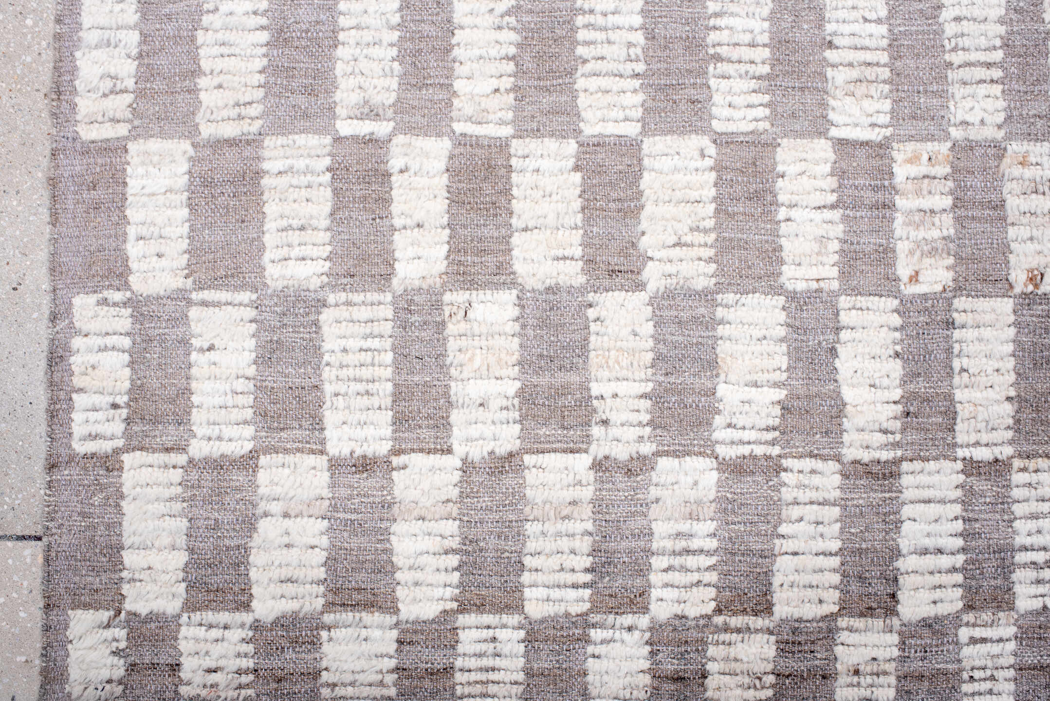 6' x 9' one-of-a-kind handmade vintage Tulu medium size rug. Color palette: ivory, taupe, light gray, beige, gray