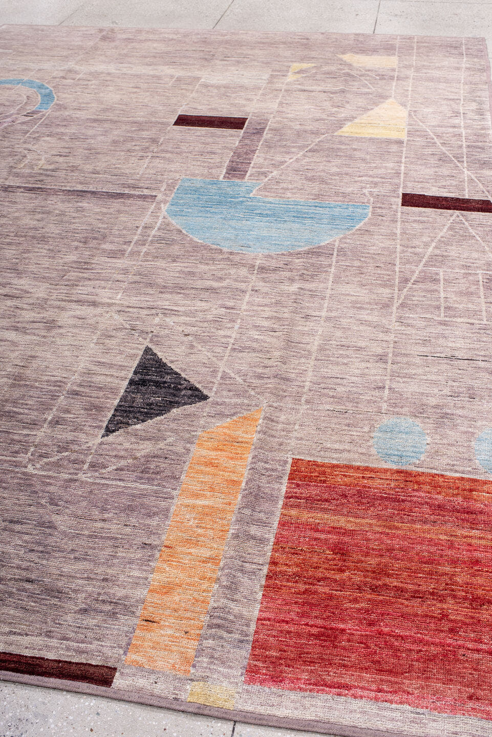 9' x 12' one-of-a-kind handmade vintage Tulu large size rug. Color palette: lavender, ivory, sky blue, rust, charcoal