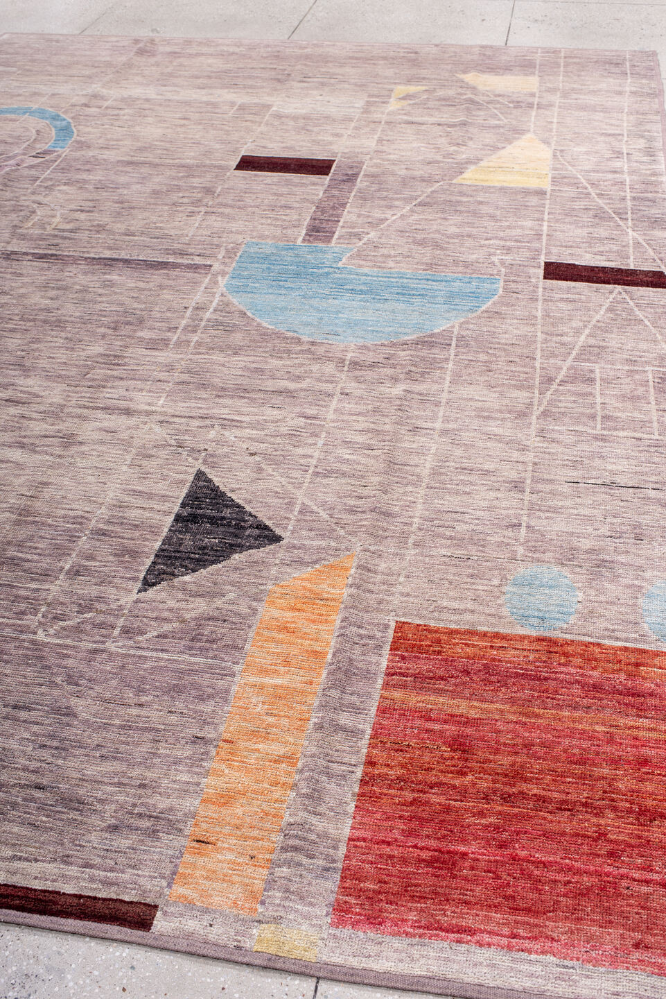 9' x 12' one-of-a-kind handmade vintage Tulu large size rug. Color palette: lavender, ivory, sky blue, rust, charcoal