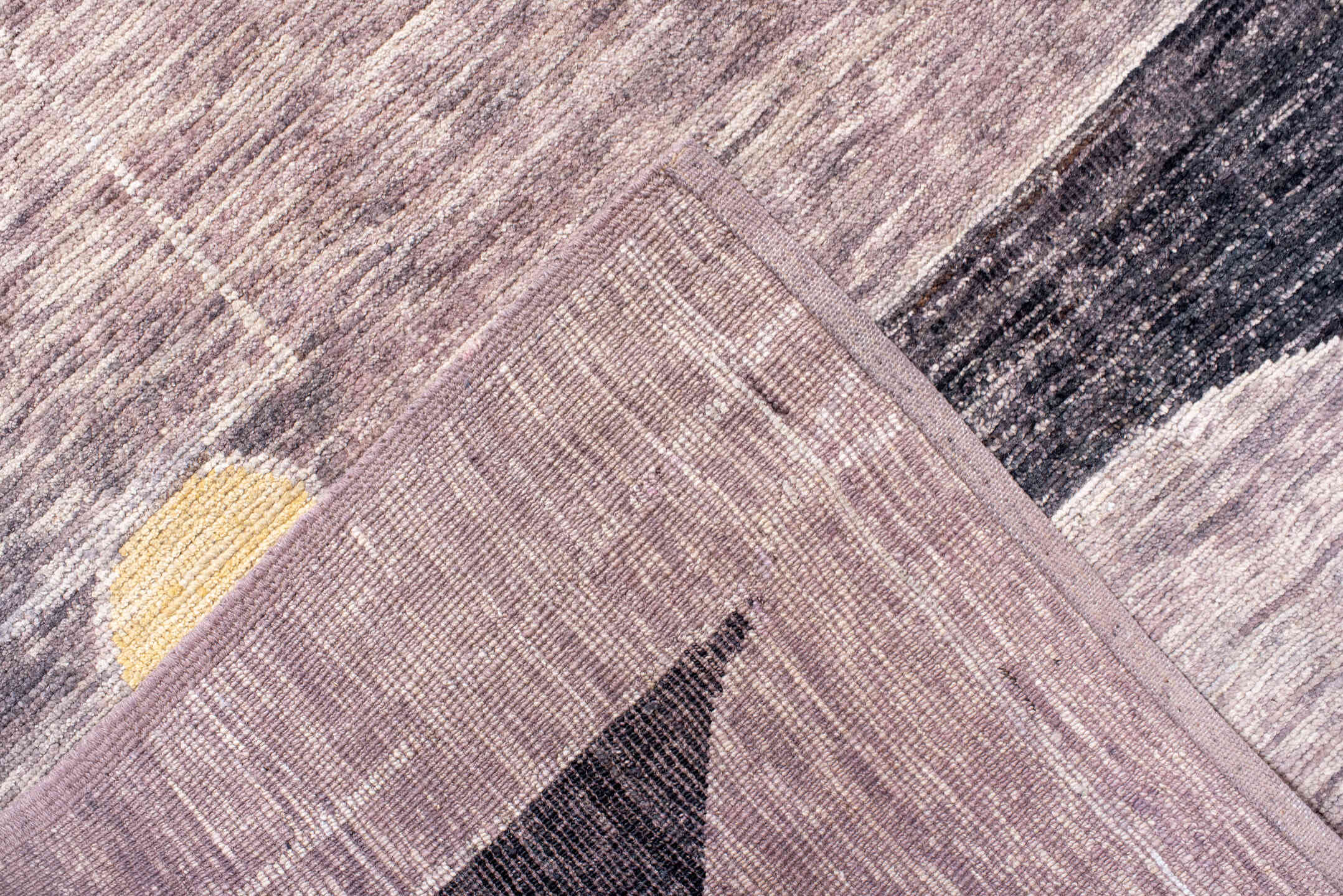 9' x 12' one-of-a-kind handmade vintage Tulu large size rug. Color palette: lavender, ivory, sky blue, rust, charcoal